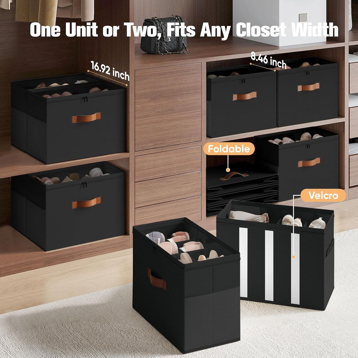 Shoe Organizer for Closet, 2 Pack Foldable Shoe Storage Organizer with Adjustable Dividers, Shoe Storage Box with Clear Cover, Fits up to 16 Pairs, Black
