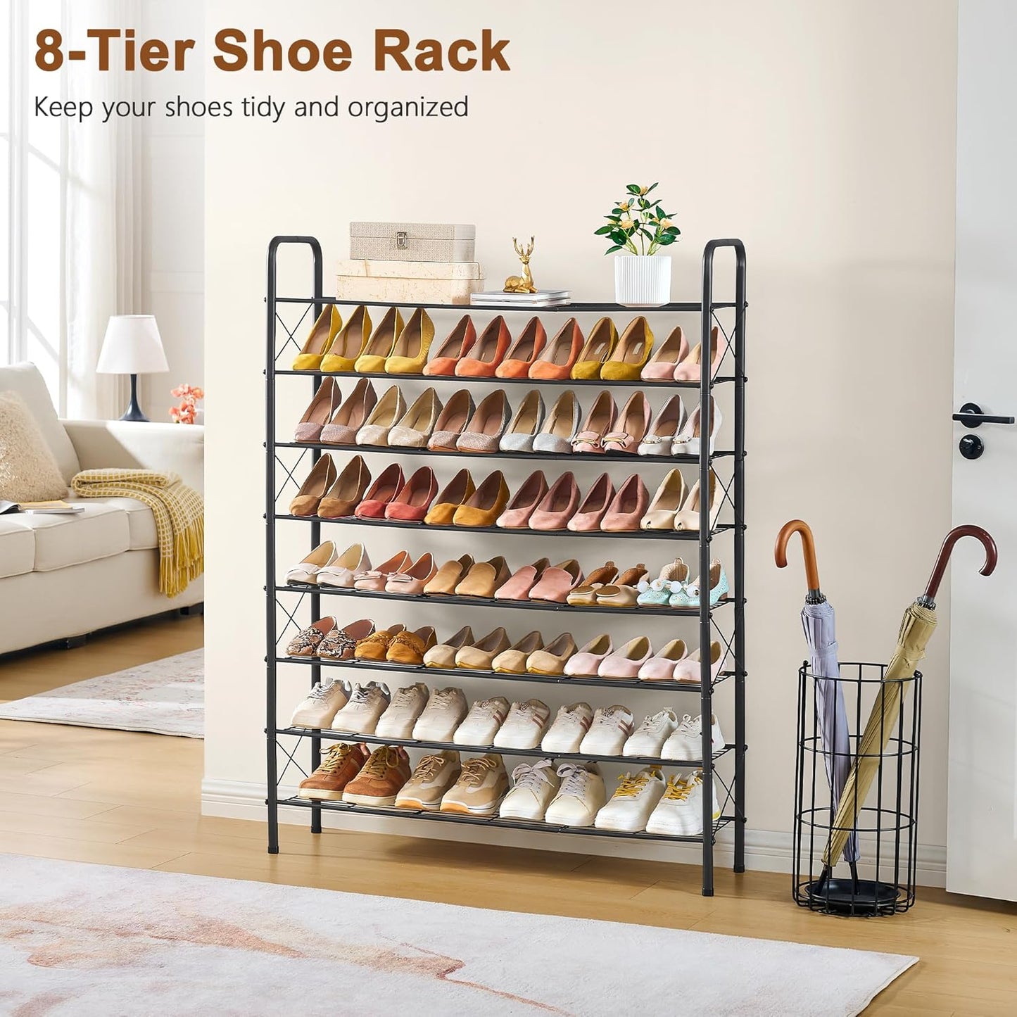 Hoctieon 8 Tier Shoe Rack for Closet, Durable Mesh Style Shoe Rack, Entryway Shoe Shelf, Shoe Storage Organizer for Hallway, Bedroom, Living Room, Wardrobe, Black