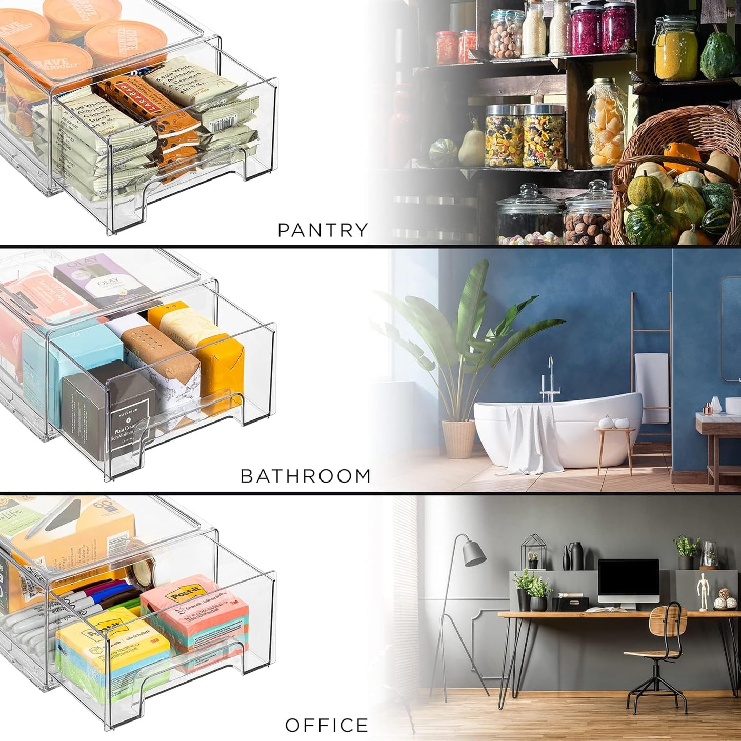 Sorbus Medium Clear Storage Drawers (6 Pack) – Stackable Organizer Drawers for Fridge, Pantry, Kitchen – Pull-Out Storage Bins with Handles, Slide Out Acrylic Drawers