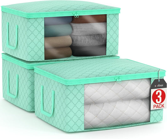 Sorbus Medium Clothes Storage Bags - Foldable Blanket Storage Bins for Organizing Bedroom, Closet, Clothing, Comforter, Organization with Clear Window, Lids and Carry Handles - Set of 3