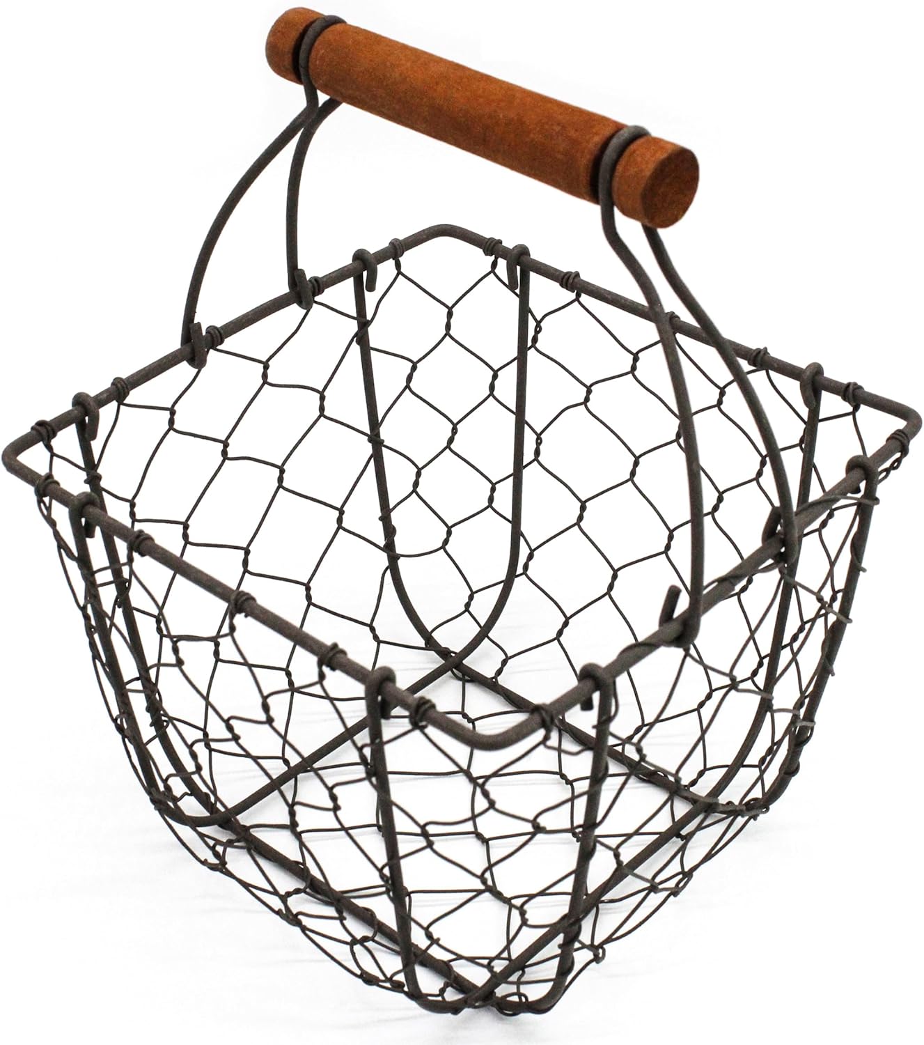 CVHOMEDECO. Square Chicken Wire Egg Basket Fruit Basket with Wooden Handle Primitives Vintage Gathering Basket. Rusty