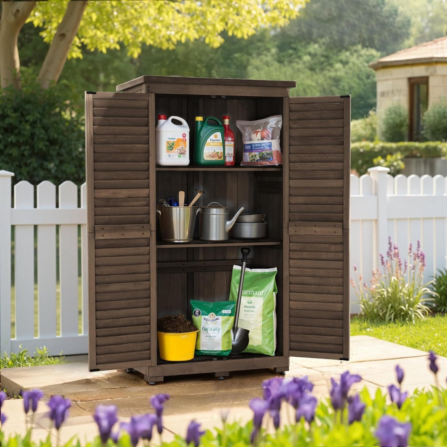 MCombo Outdoor Storage Cabinet, Garden Storage Shed, Outside Vertical Shed with Lockers, Outdoor 63 Inches Wood Tall Cabinet for Yard and Patio 0870 (Brown)