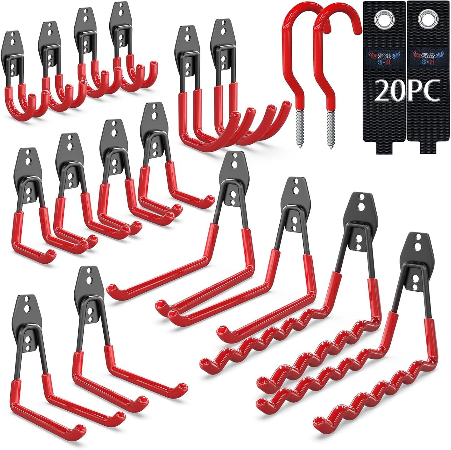 3-H Garage Wall Hooks 20 Pack, Garage Hooks Heavy Duty with Extra Welding Spots, Garage Organizer for Garden, Lawn, Chairs, Ladders, WeedEater, Shovel (Red)