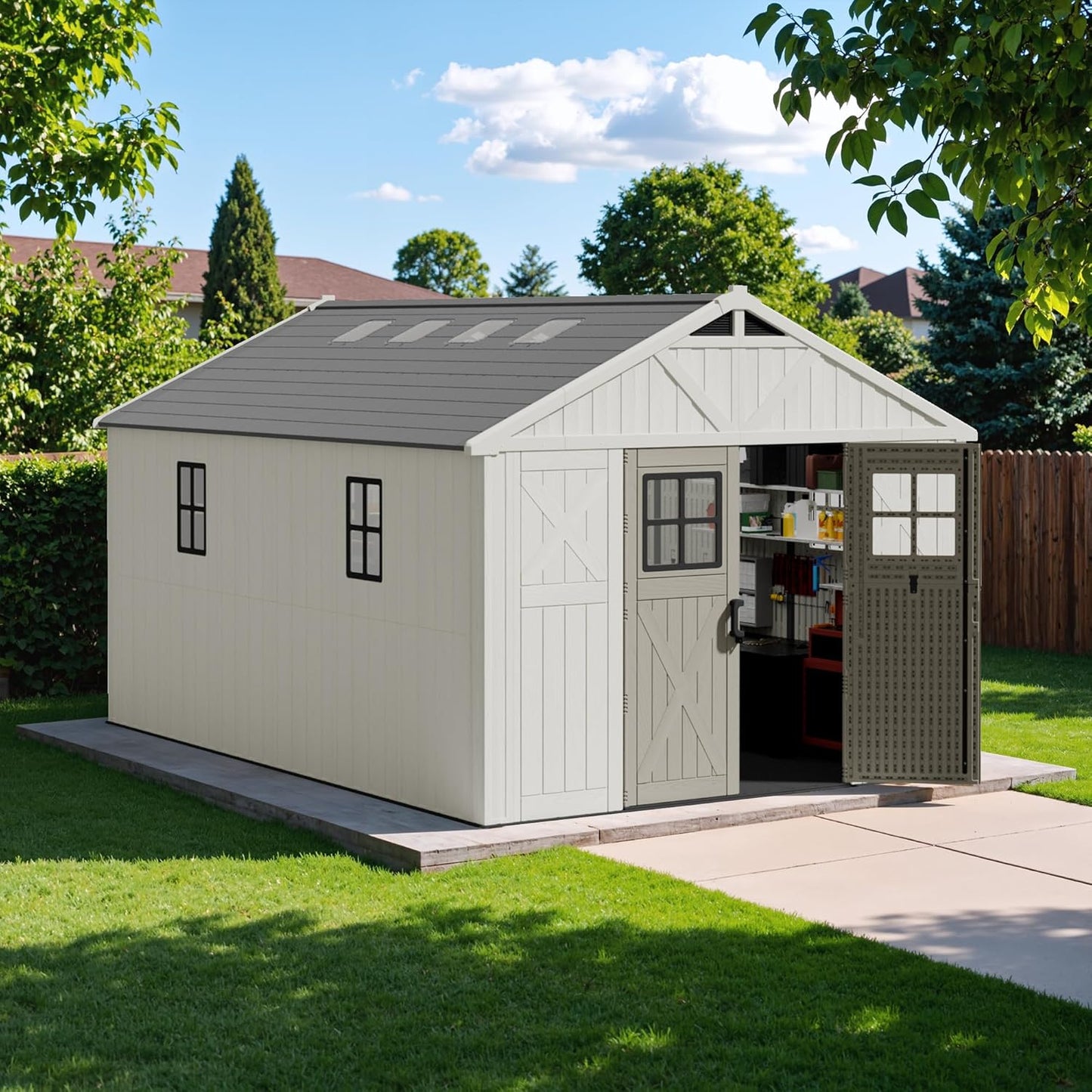 Devoko 10x14 FT Resin Outdoor Storage Shed with Floor, Plastic Tool Garden Shed with Windows & Lockable Door, Outside Large Storage Shed for Patio Backyard Lawn, Beige