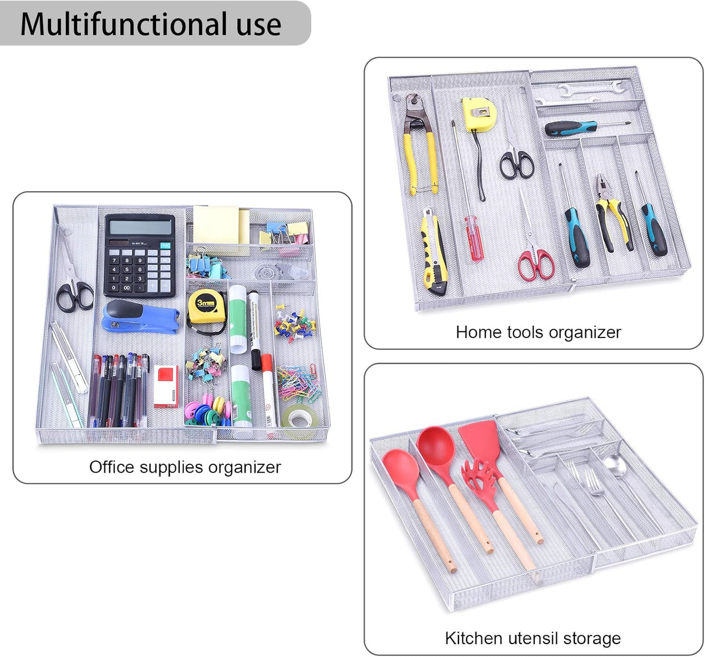WuGeShop Expandable Office Drawer Organizer, 6 to 7 Compartments Adjustable Mesh Desk Drawer Organizer, Good Desk Organizer for Office Supplies and Art Supplies
