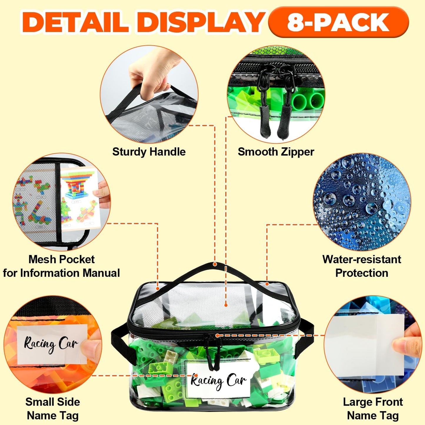 8 Pack Clear Toy Storage Bag with Name Tag& Manual Pocket, Wide-open Transparent PVC Toy Organizer Case with Portable Handle for Lego Bricks, Building Blocks, Board Games& Puzzles (Black)