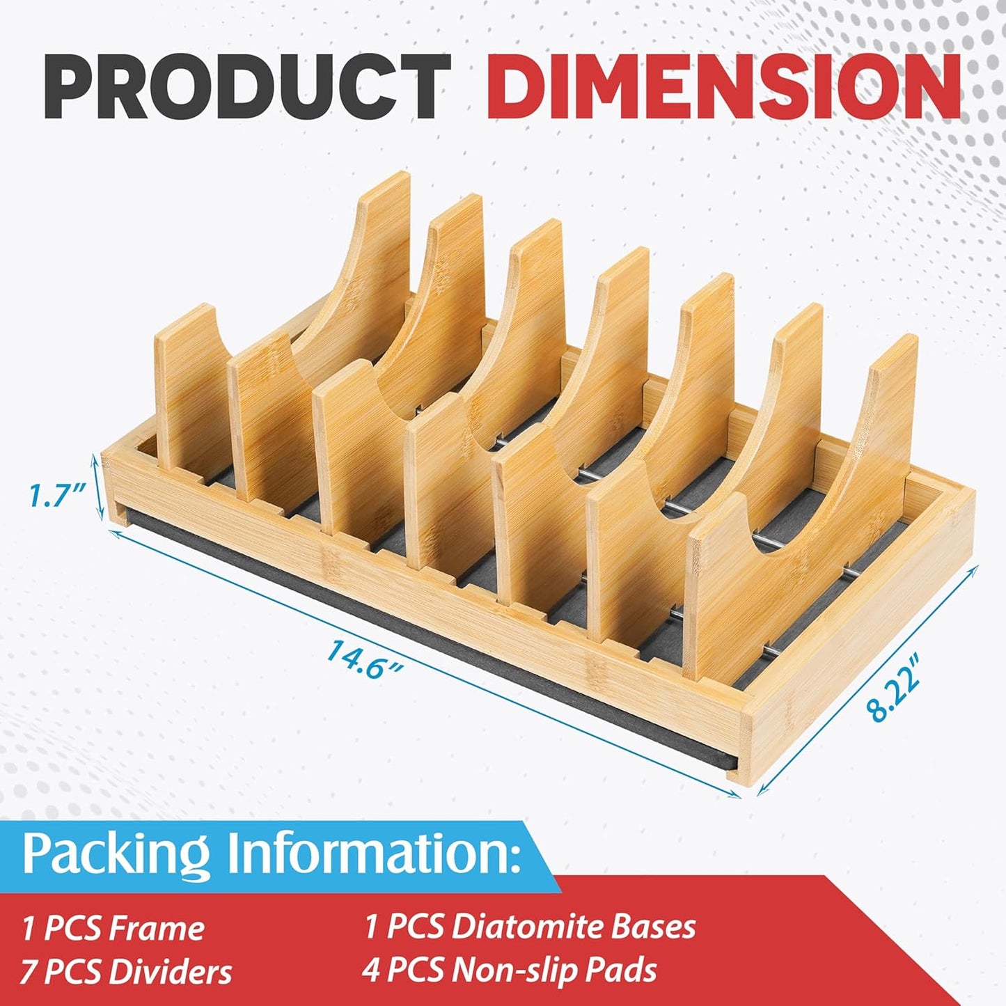 [Upgraded] Bamboo Pots and Pans Organizer under Cabinet, Bakeware and Cutting Board Organizers with Diatomaceous Earth Base & 7 PCS Adjustable Dividers, Tray Organizer for Kitchen Storage
