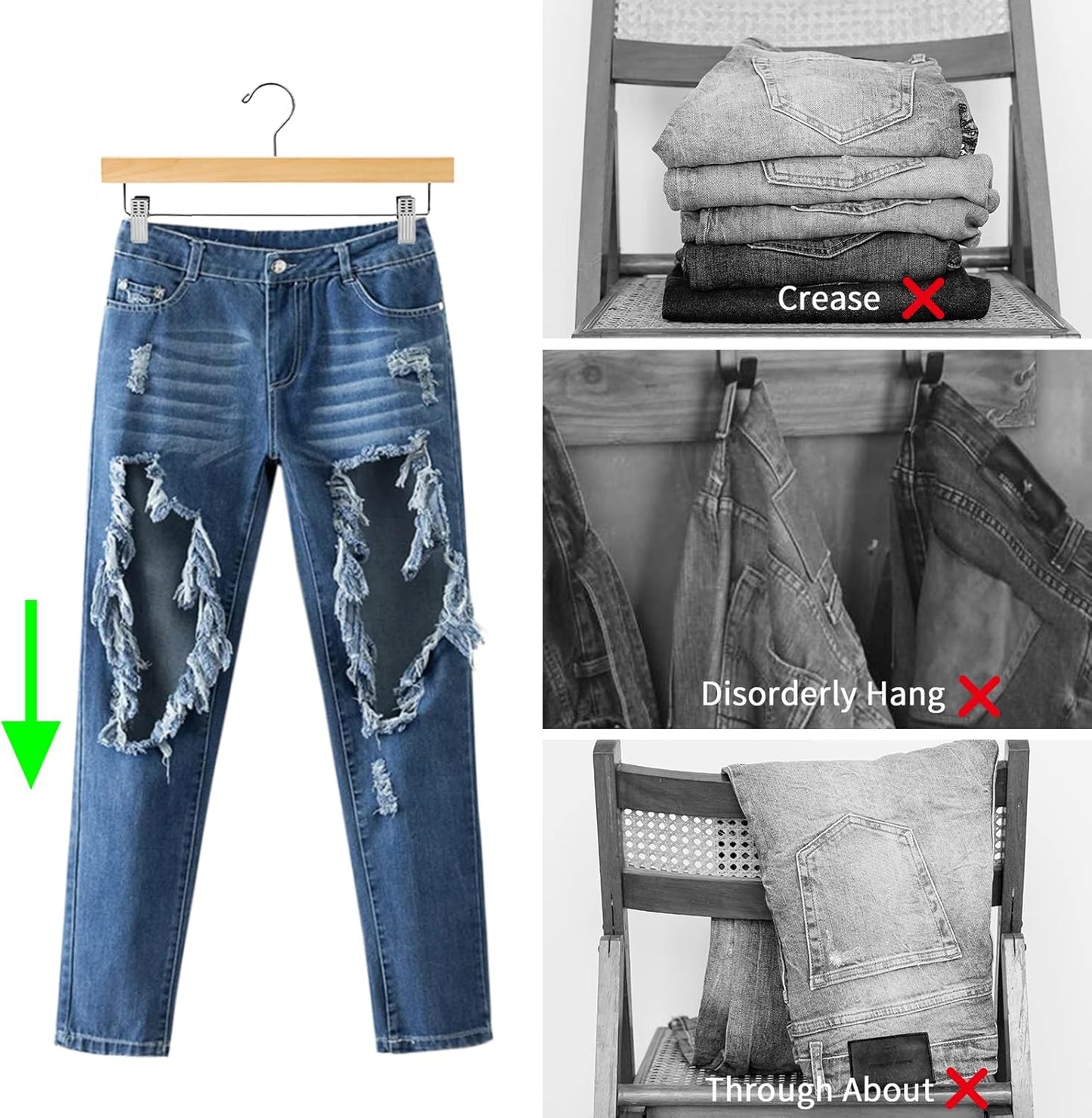 Nature Smile Deluxe Wooden Pants Hangers,Solid Lotus Wood Jeans Skirt Hanger with Clips Anti-Rust Hook Pack of 28（Natural）