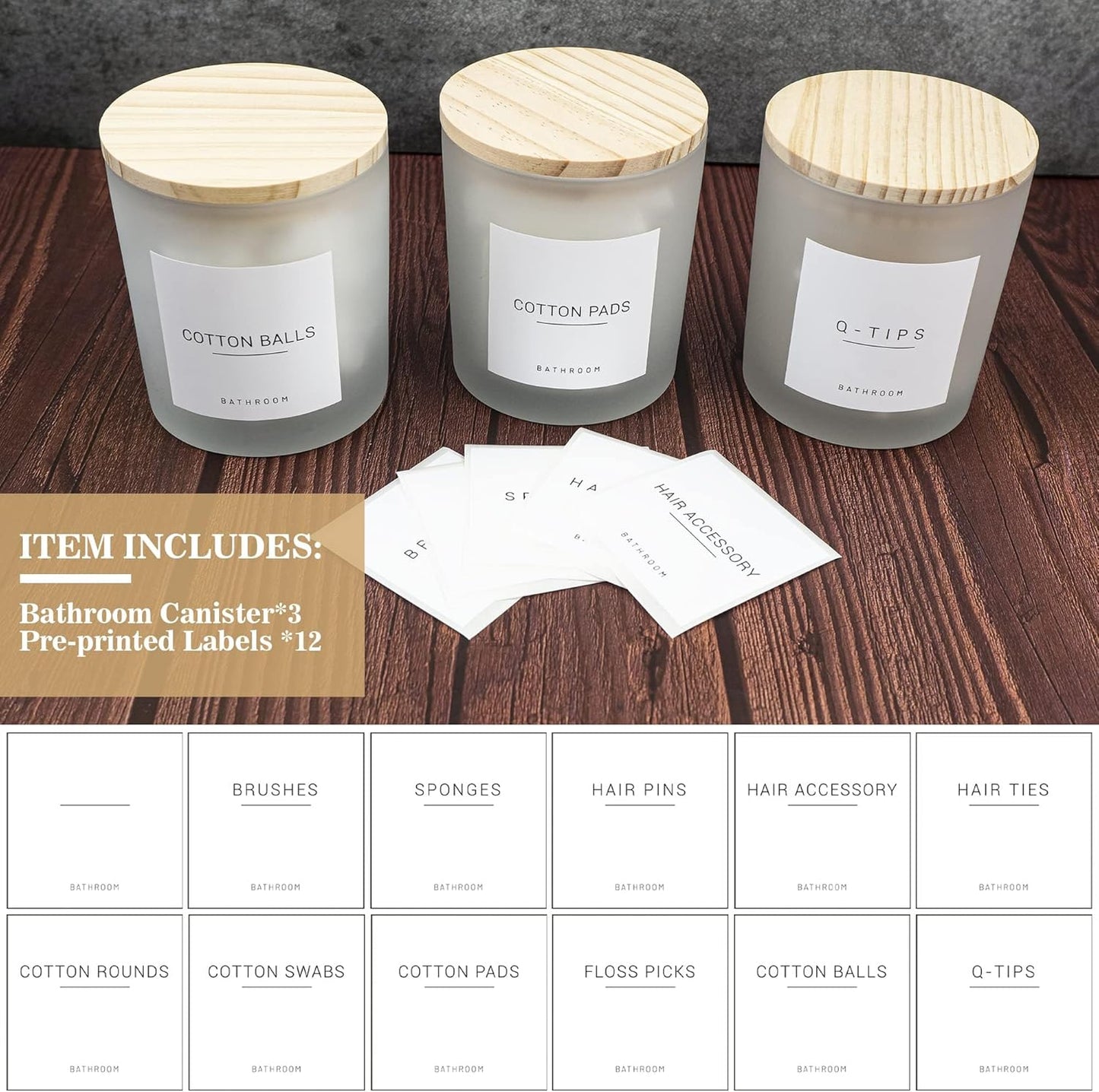 3PCS Modern 13.53oz Transparent Bathroom Canisters with 12 Labels & Wooden Lid Thick Glass Jar Set Qtip Holder for Cotton Ball & Pads Storage Organization Minimalist Decor