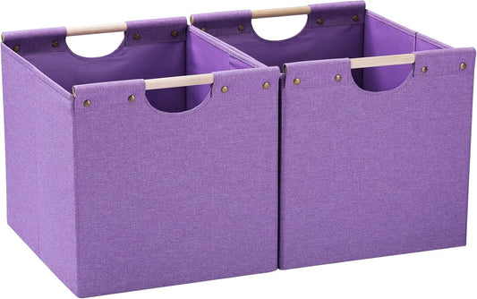 HOONEX Large Foldable Storage Bins, Linen Fabric, Pack of 2, Storage Baskets with Wooden Carry Handles and Sturdy Heavy Cardboard, for Home, Office, Car, Nursery, Purple