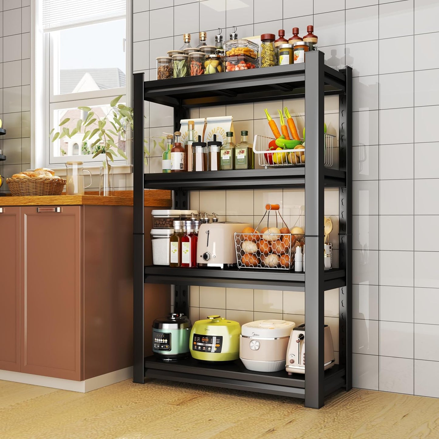 Storage Shelves, Garage Metal Shelving Unit, Adjustable, Double-Layer Column with Reinforced Ribs, Heavy-Duty, Capable of Bearing 600-3600 lbs (Black, 47''W*24''D*63''H, 4-Tier)