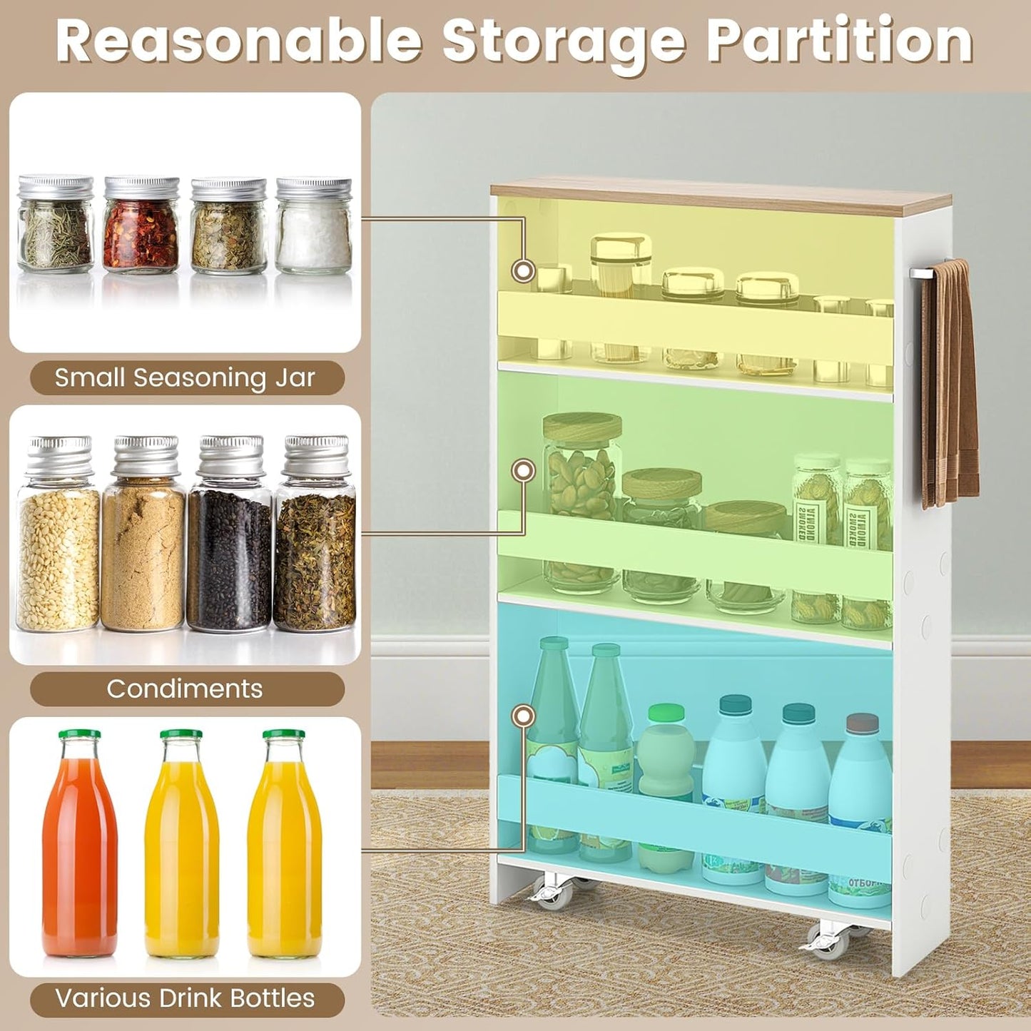 MAT EXPERT Slim Rolling Storage Cart, 4-Tier Freestanding Slim Storage Cart with Wheels 360 Degree & Metal Handle, Wooden Utility Cart for Narrow Kitchen, Laundry Room, Bathroom (White + Natural)