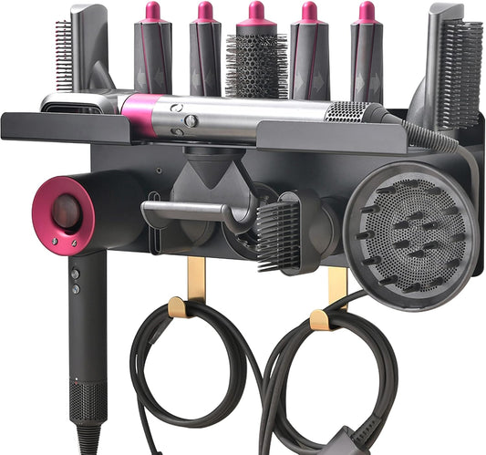 Wall Mount Holder for Dyson Styler Supersonic Hair Dryer, Nail-Free or Perforat Install, Organizer for Storage Attachments, Rack with Hooks for Accessories Nozzles Barrels Brushes
