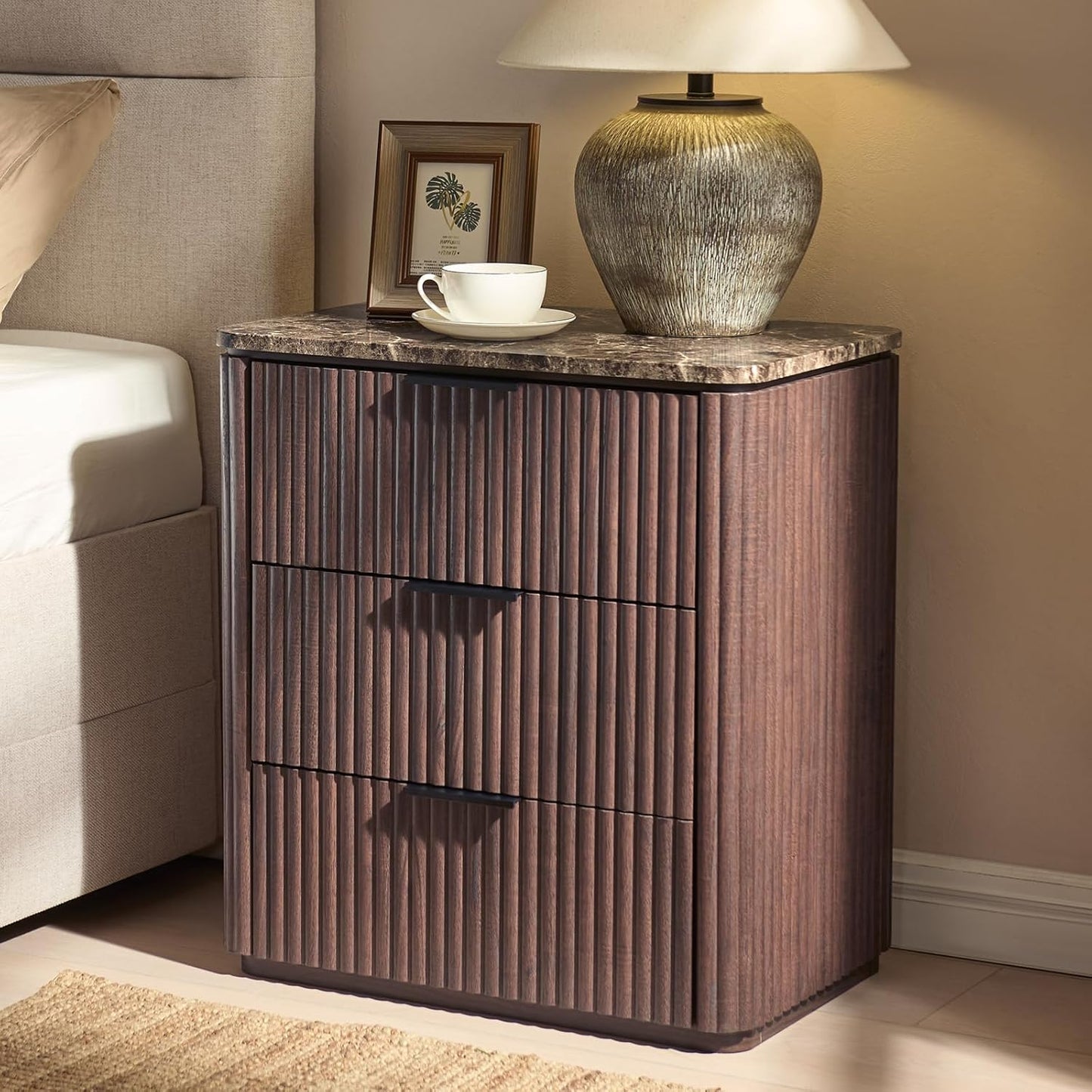 Fluted Nightstand with 3 Drawers, Engineered Wood Bedside Table with Faux Marble-Top, Modern End Table with Curved Corners, Metal Handle, Large Night Stand for Bedroom, Office, Closet, Dark Oak