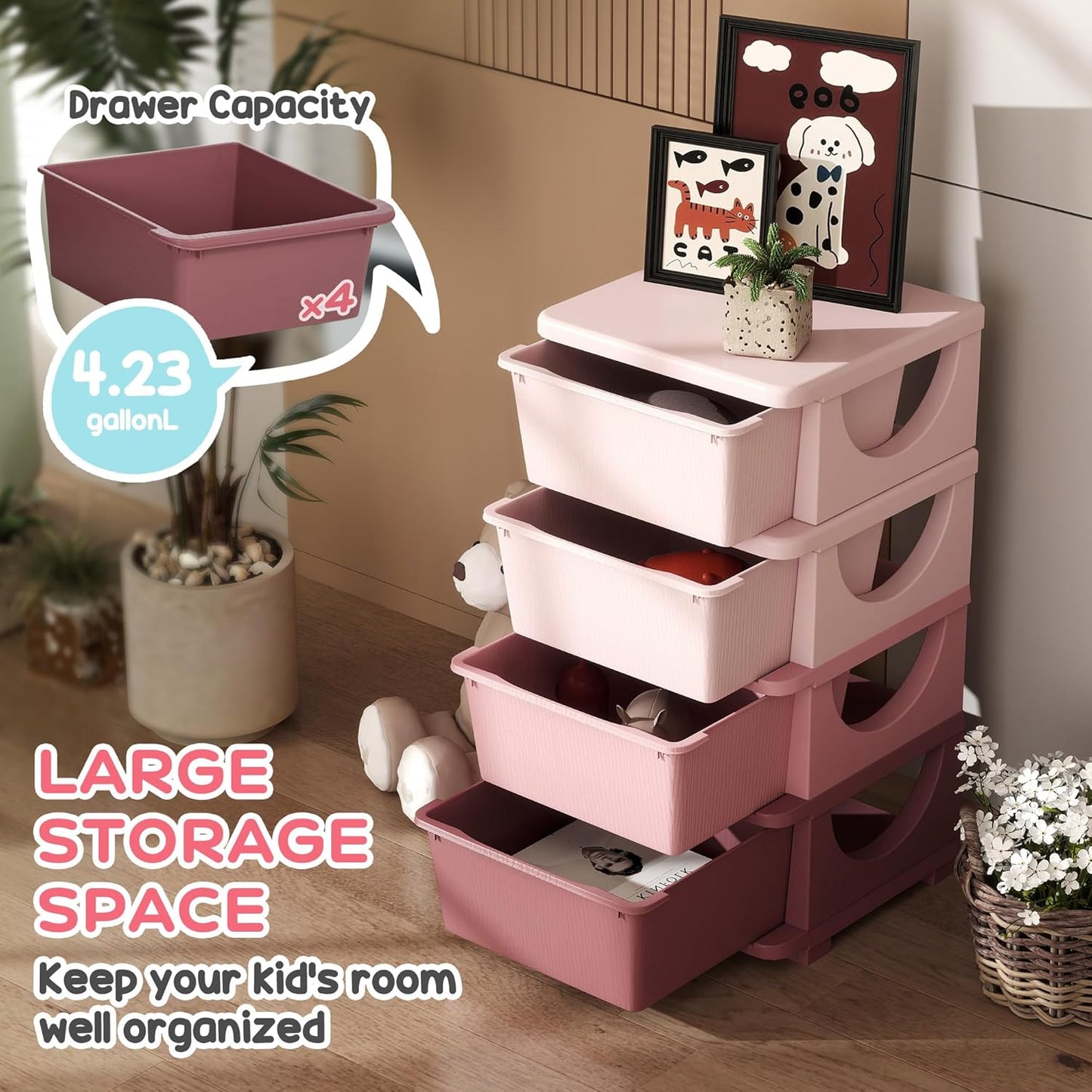 Qaba 4 Tier Kids Storage Unit, 4 Drawer Chest Toy Organizer Plastic Bins for Kids Bedroom Nursery Kindergarten Living Room for Boys Girls Toddlers, Pink