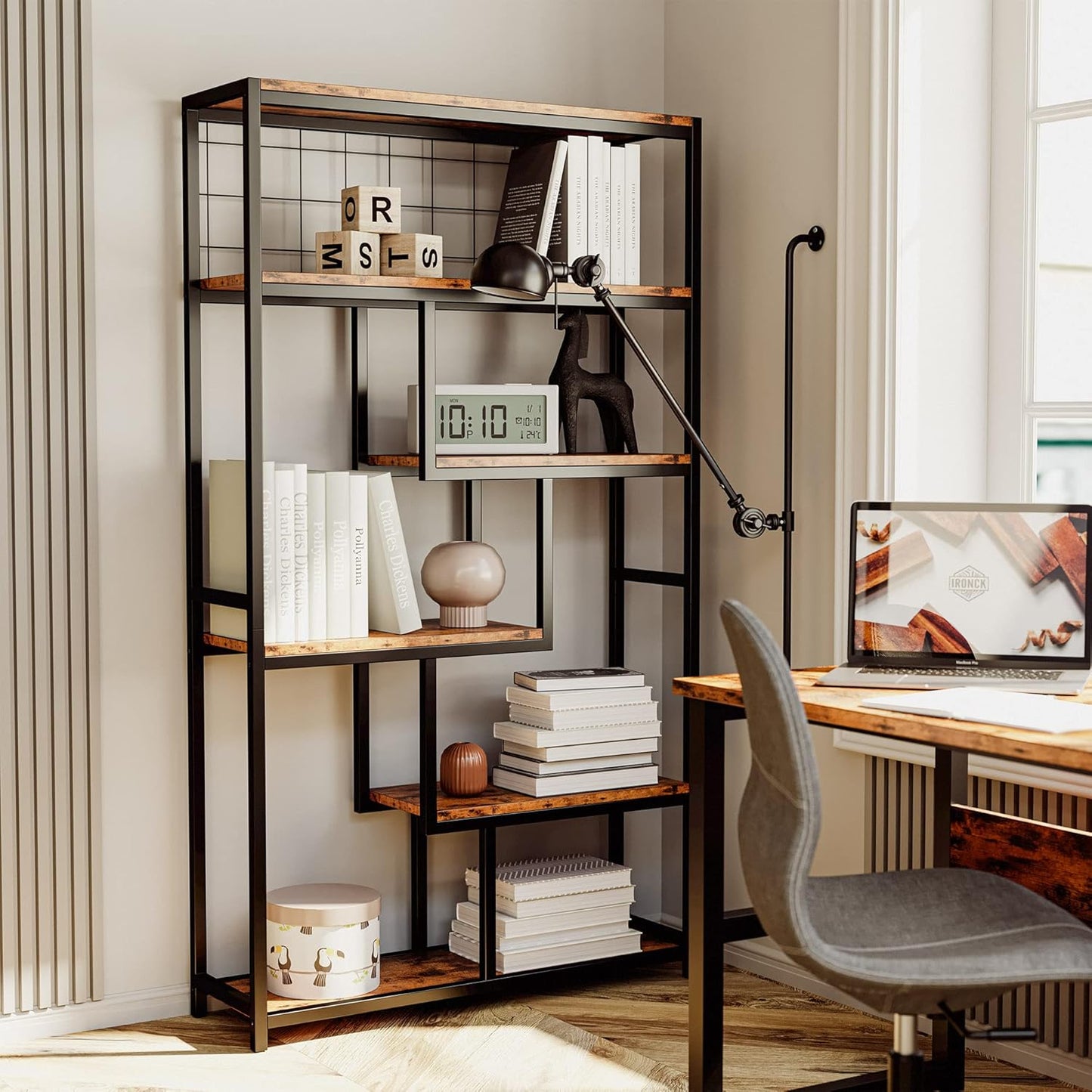 IRONCK Bookshelves 6 Tiers, Industrial Etagere Heavy Duty Shelves for Living Rooom, Office Storage Geomeric Display Boocase, Vintage Brown