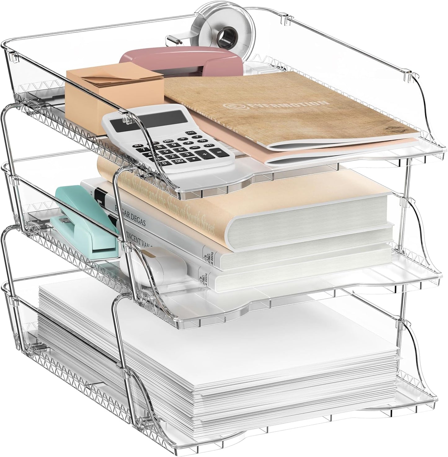 Simple Houseware 3-Tier Crystal Clear Stackable Document Letter Tray Paper Organizer - Desk Organizer for A4/Letter Size Documents, File Sorter, Paper Holder, Office Desktop File Storage, Acrylic Look