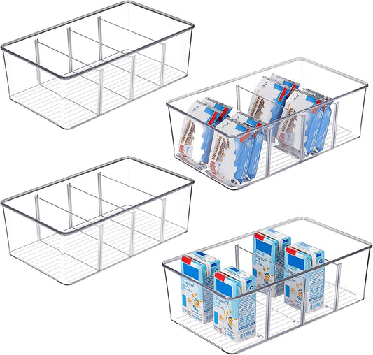 Vtopmart 4 Pack Food Storage Organizer Bins, Clear Plastic Bins for Pantry, Kitchen, Fridge, Cabinet Organization and Storage, 4 Compartment Holder Packets, Snacks, Pouches, Spice Packets