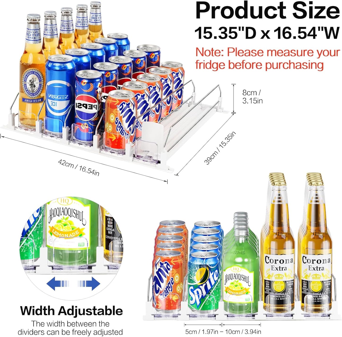 Drink Organizer for Refrigerator, Automatic Pusher Drink Dispenser for Fridge, Soda Can Organizer for Beer Beverage Holds up to 25-5Row (15.3" D x 16.54" W)