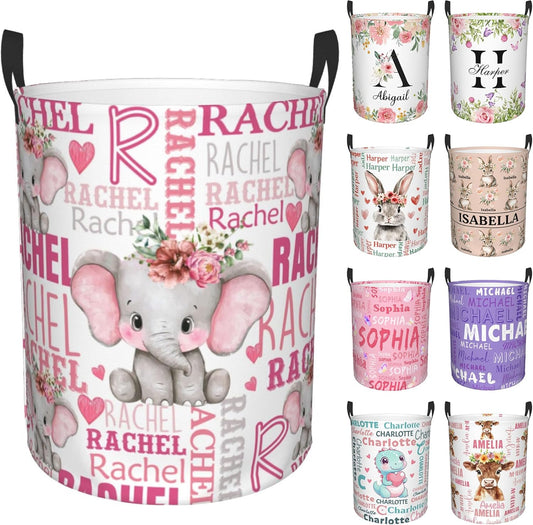 Custom Name Laundry Hamper, Personalized Elephant Laundry Basket with Name for Boys Girls Kids Men Women, Customized Name Dirty Clothes Basket Gifts for Clothes Toy Bathroom Bedroom Laundry Room Dorm