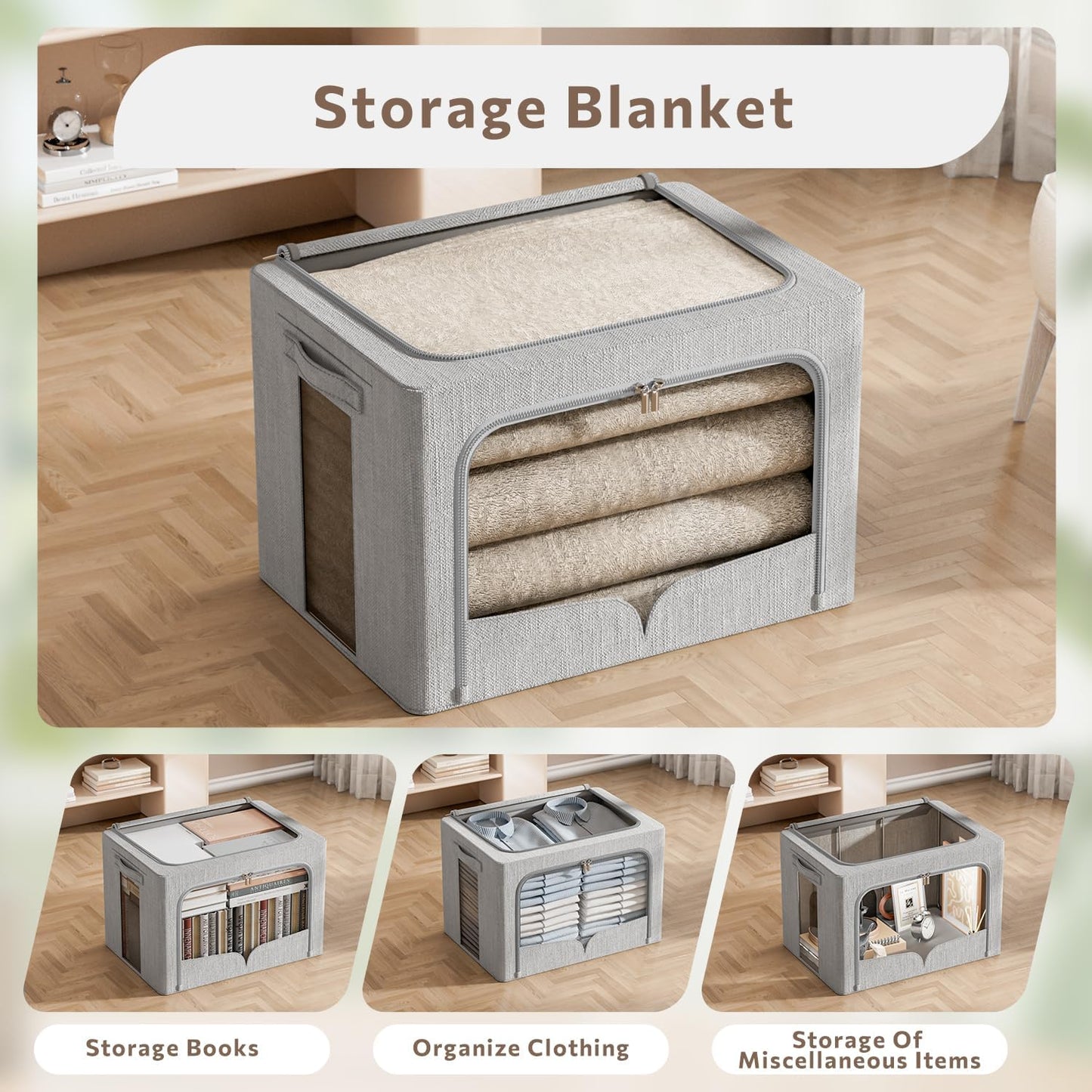 FHSQX 3 Pack Clothes Storage Bins Foldable Metal Frame Storage Box Stackable Linen Fabric Organizer Set with Carrying Handles and Clear Window (Light Gray, 15.7x11.8x11.8inch(36L))