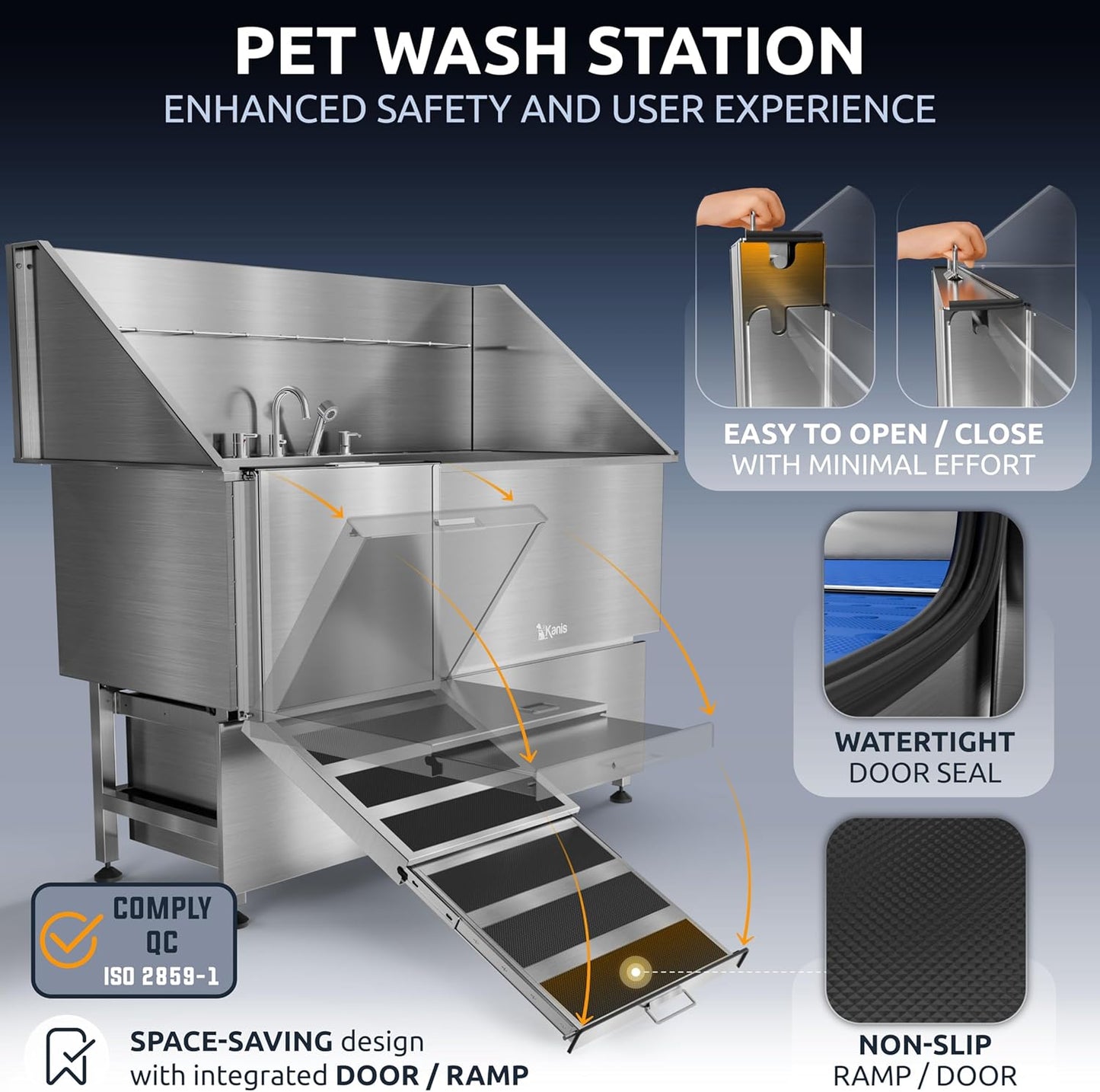 KANIS Professional Dog Washing Station - 304 Stainless Steel Pet Wash Sink & Grooming Bathtub w/Shower, Floor Grates and Storage for Large, Medium & Small Pets (61", 2 Drawers - Left Ramp)