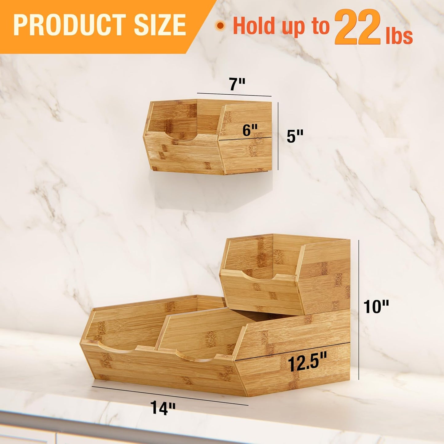 HOMESTEAD Bamboo Pantry Storage Bins - Stackable Baskets, Potato and Onion Storage for Pantry Organization, Set 3 Pieces