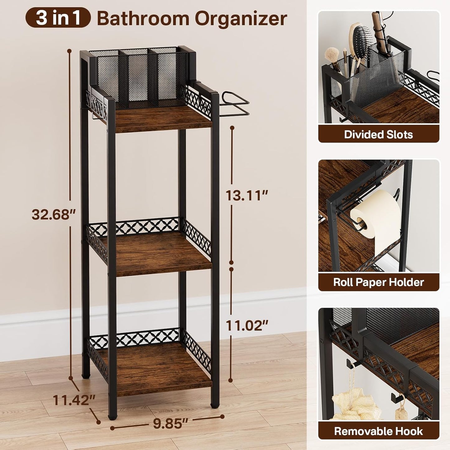 Bathroom Storage Shelf Hair Dryer Holder, 3-Tier Narrow Metal Standing Rack with Toilet Paper Holder, Multifunctional Corner Unit Rack for Cosmetic, Curling Irons (9.85“ Black Without Drawer)