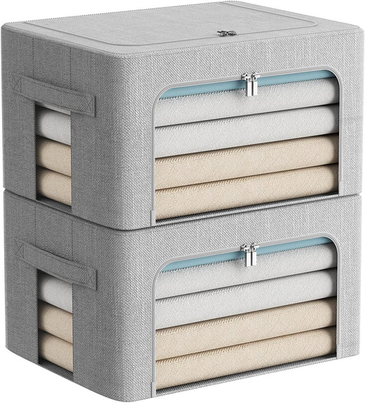 FHSQX 2 Pack Clothes Storage Bins Stackable Metal Frame Storage Box Foldable Linen Fabric Organizer with Carrying Handles and Clear Window (Light Gray, 15.7x 11.8x 7.8Inch)