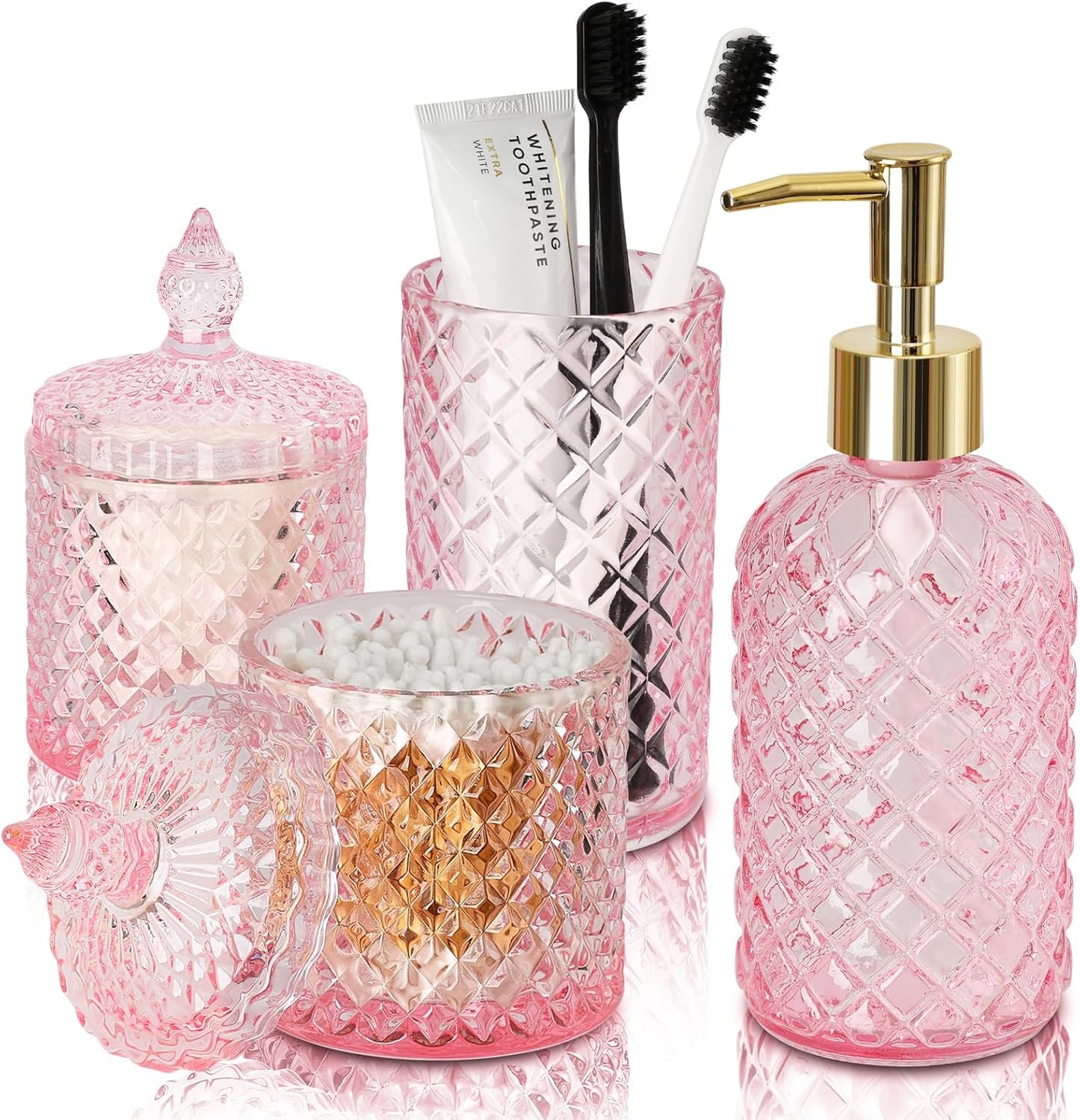 Pink Bathroom Accessories Set, 4 Pack Pink Bathroom Decor Accessory Sets Complete, Diamond Glass Soap Dispenser and Toothbrush Holder Set for Bath Counter Organizer Essentials