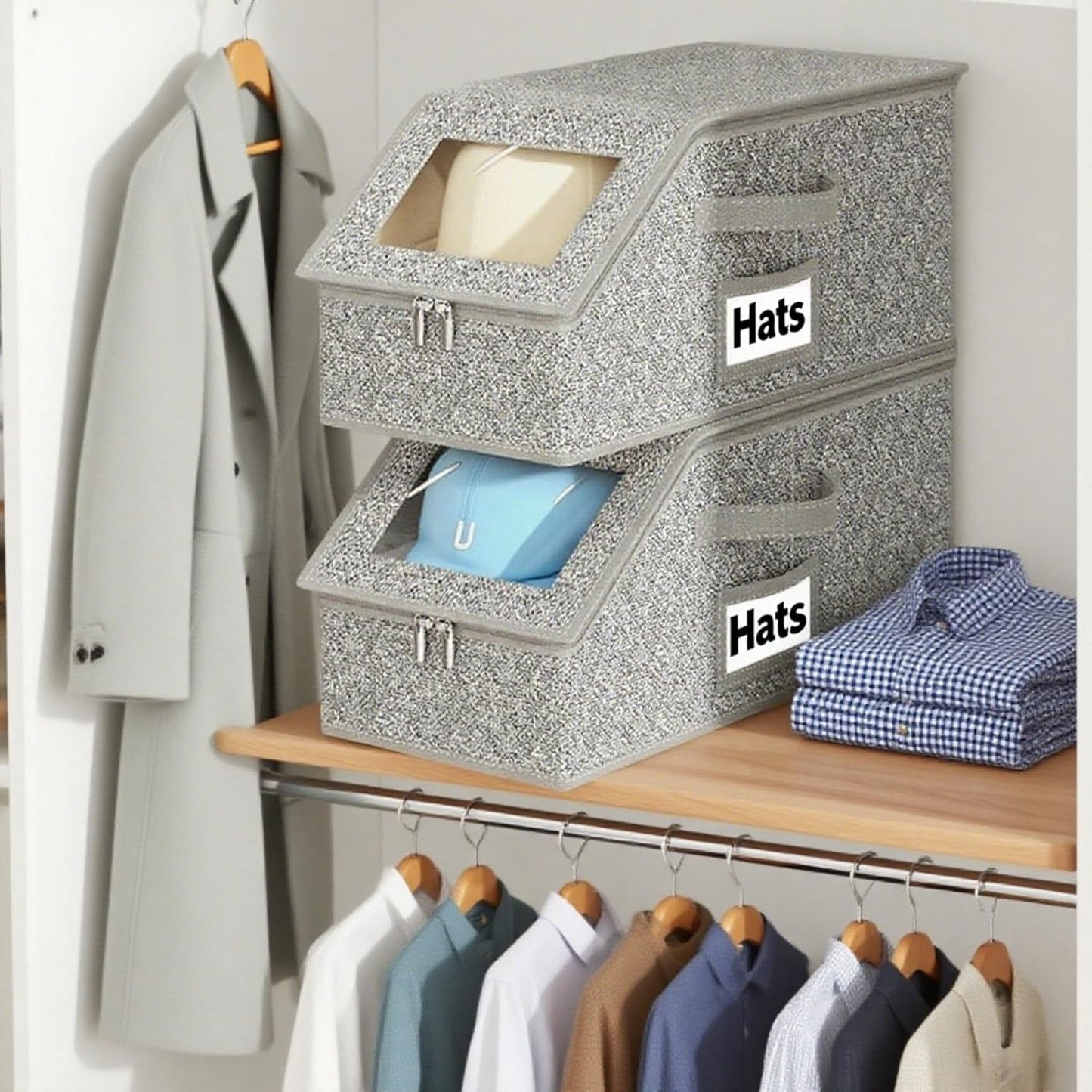 2 Pack Hat Organizer Box for Women & Men, Foldable Storage Box with Clear Lid for Baseball, Cowboy Caps, Stackable Clear Hat Organizer, Store up to 28 Caps, Grey