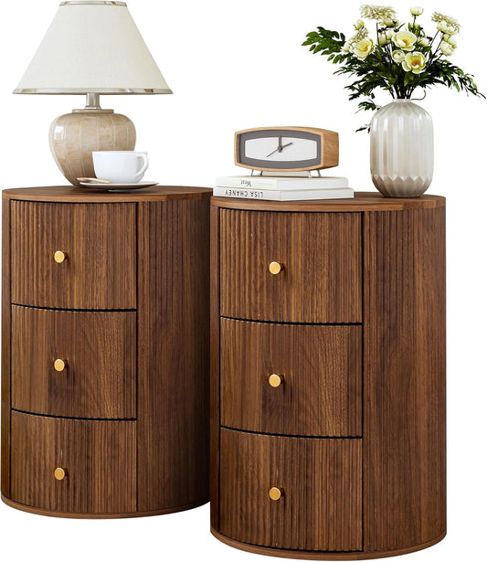 Fully Assembled Round End Table with 3 Storage Drawers, 15.75”Mid Century Side Table for Living Room, 3 Drawers Nightstand for Bedroom, Circle Sofa Bedside Table (Walnut-2 pcs)