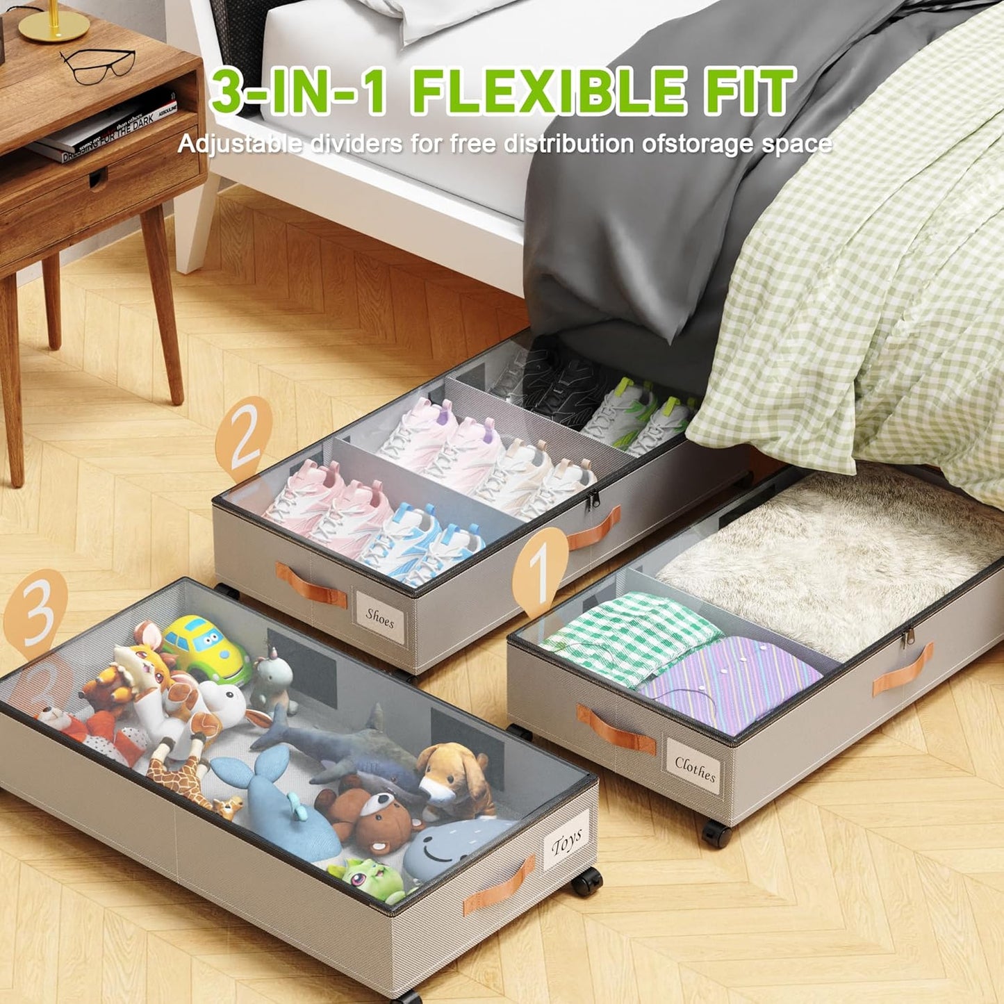 Under Bed Storage with Wheels, 2 Pack Under Bed Storage Containers with Dividers & Clear Lids, Under the bed storage Organizer Bins,Underbed Storage with Wheels for Clothes,Toys,Shoes (GREY)
