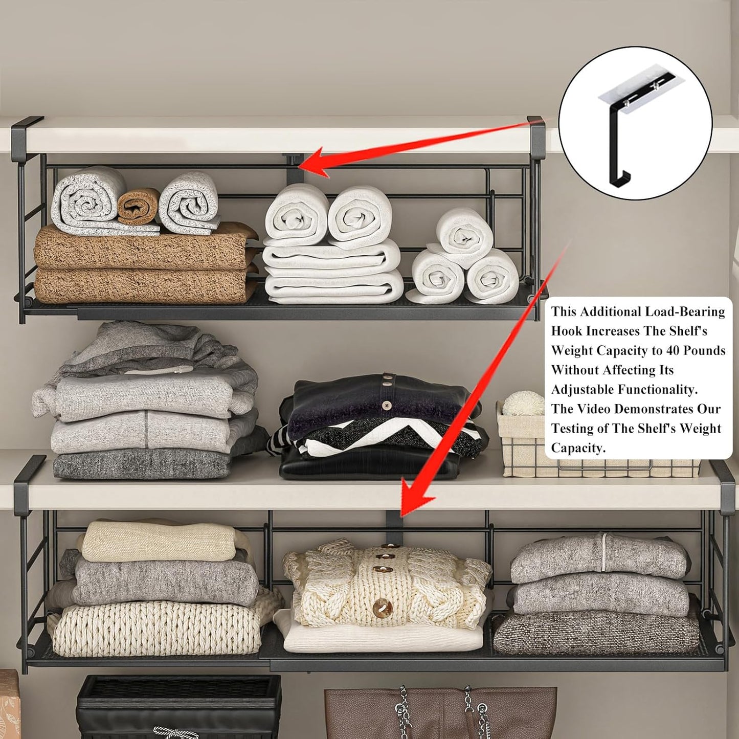 Expandable Under Cabinet Shelf, Extendable Under Shelf Storage with Removable Wire-Like Back for Pantry Cabinet, Laundry Room, Shoe Rack. (Black, 1 Pack, Interior: 5" H x 10" D)