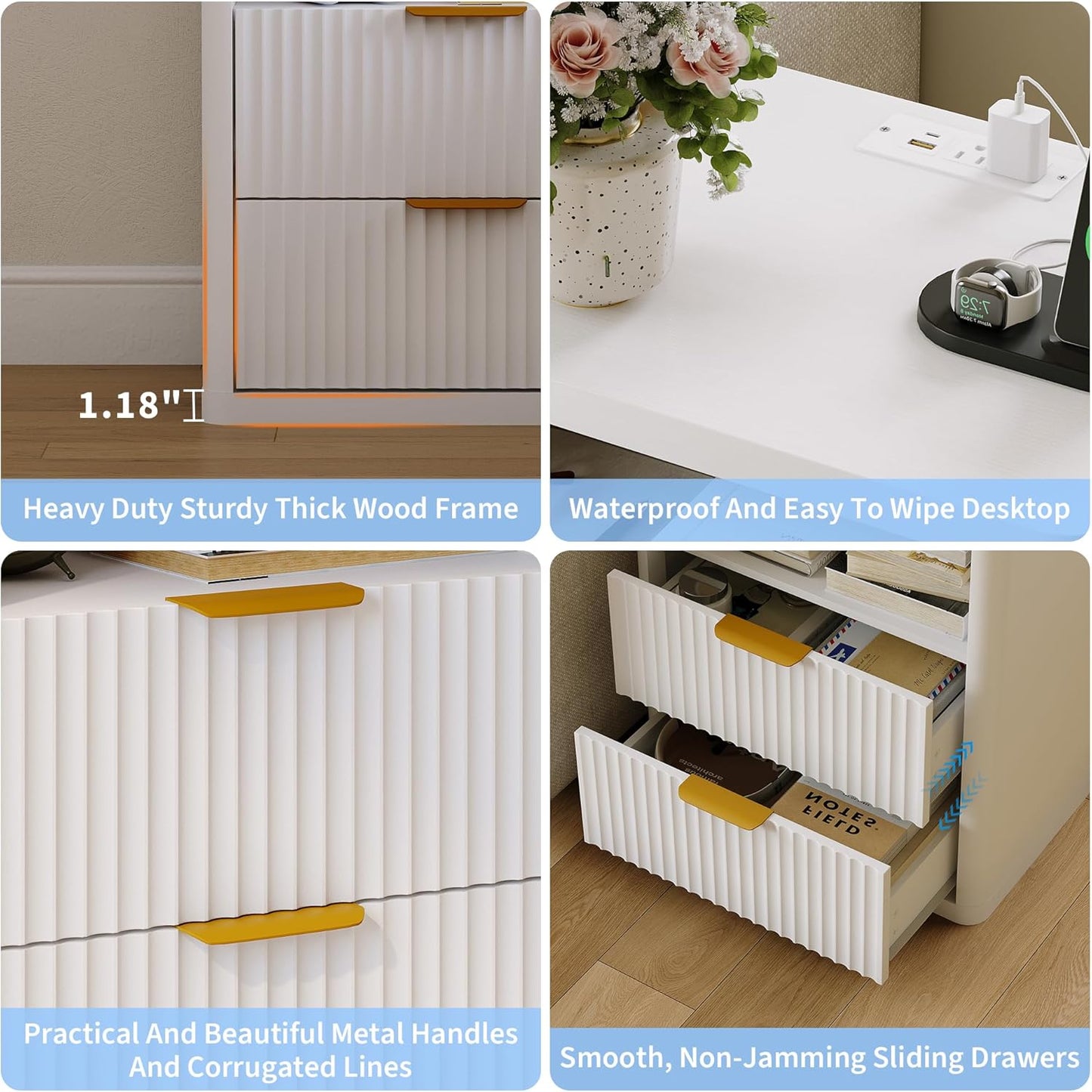Fluted Nightstand with Charging Station, Bedside Table with 2 Drawers and Open Storage Space, Metal Handles and Rounded Corners for Safety, Mid Century Modern End Table, for Bedroom, Living Room Sofa