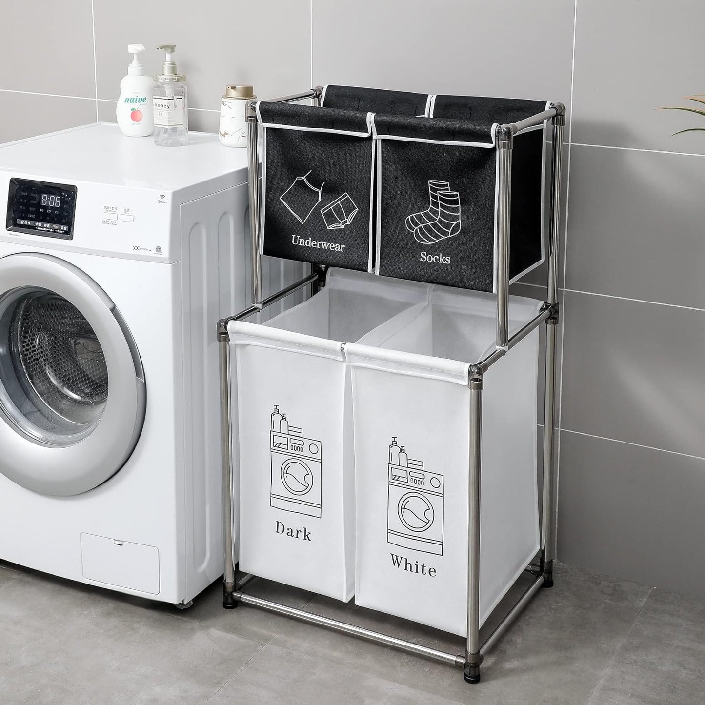 2 Tier Laundry Sorter with 4 Removable Bags for Organizing Clothes - Large Freestanding Laundry Hamper - Laundry Basket for Dirty Clothes in Laundry Room