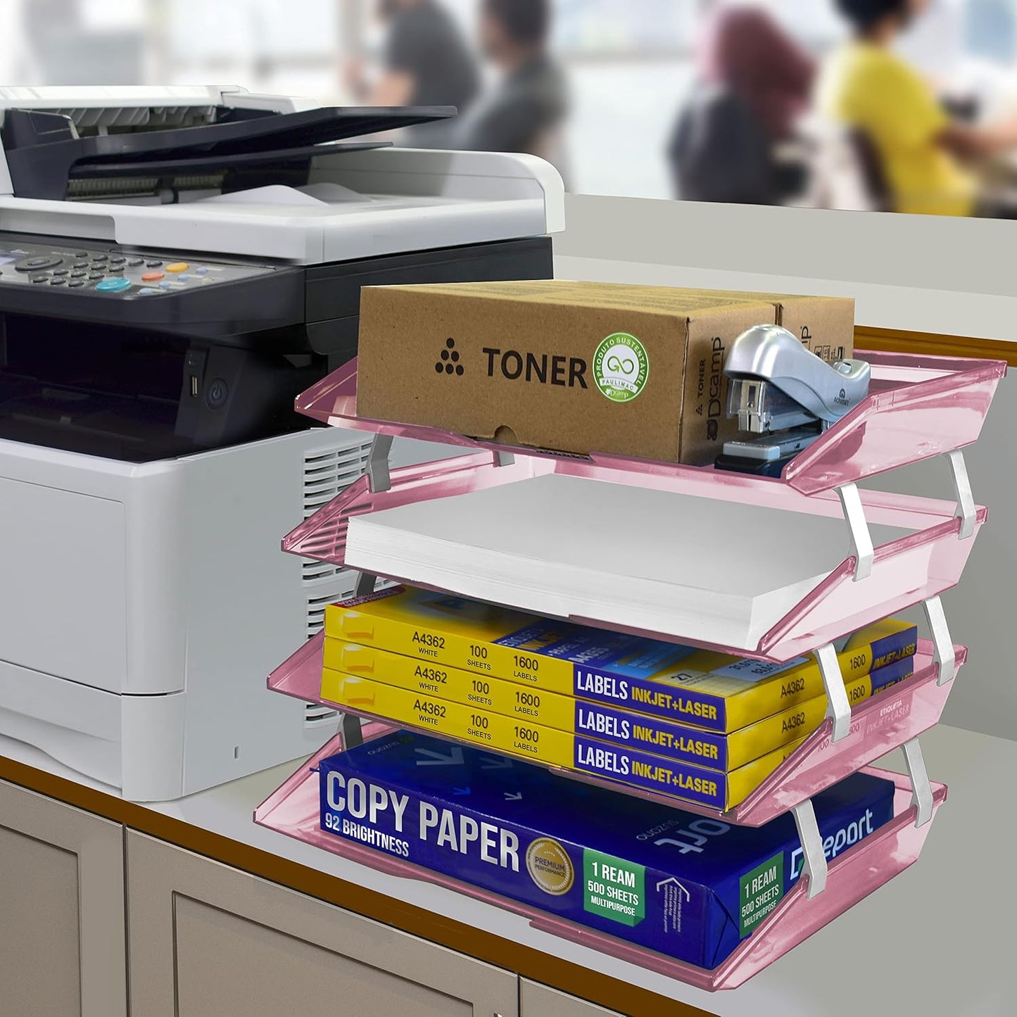 Acrimet Facility 4 Tier Letter Tray, Side Load, Letter Size/A4, Desktop File Organizer, Plastic (Clear Pink)