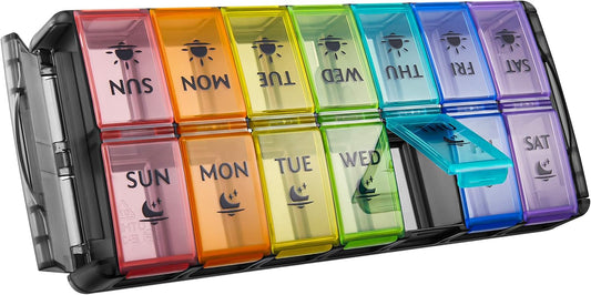 FGcase Large Pill Organizer 2 Times a Day 7 Day AM PM Pill Box Organizer with Lock, Easy Fill and Detachable Design, Travel Medicine Box for Vitamins and Pills, Black Rainbow