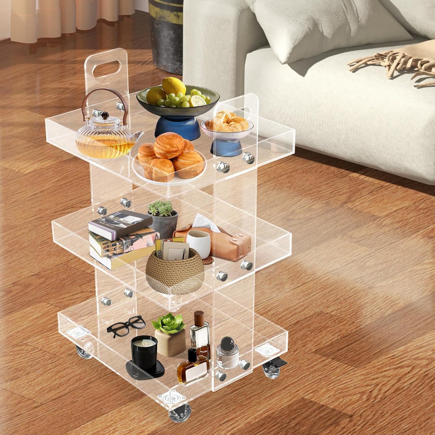 3-Tier Acrylic Utility Rolling Cart with 4 Lockable Wheels,for Storing Kitchenware, Toiletries,Snacks,Vegetables,Fruits,Cosmetics,Documents（16.38 * 13.39 * 27.56in）