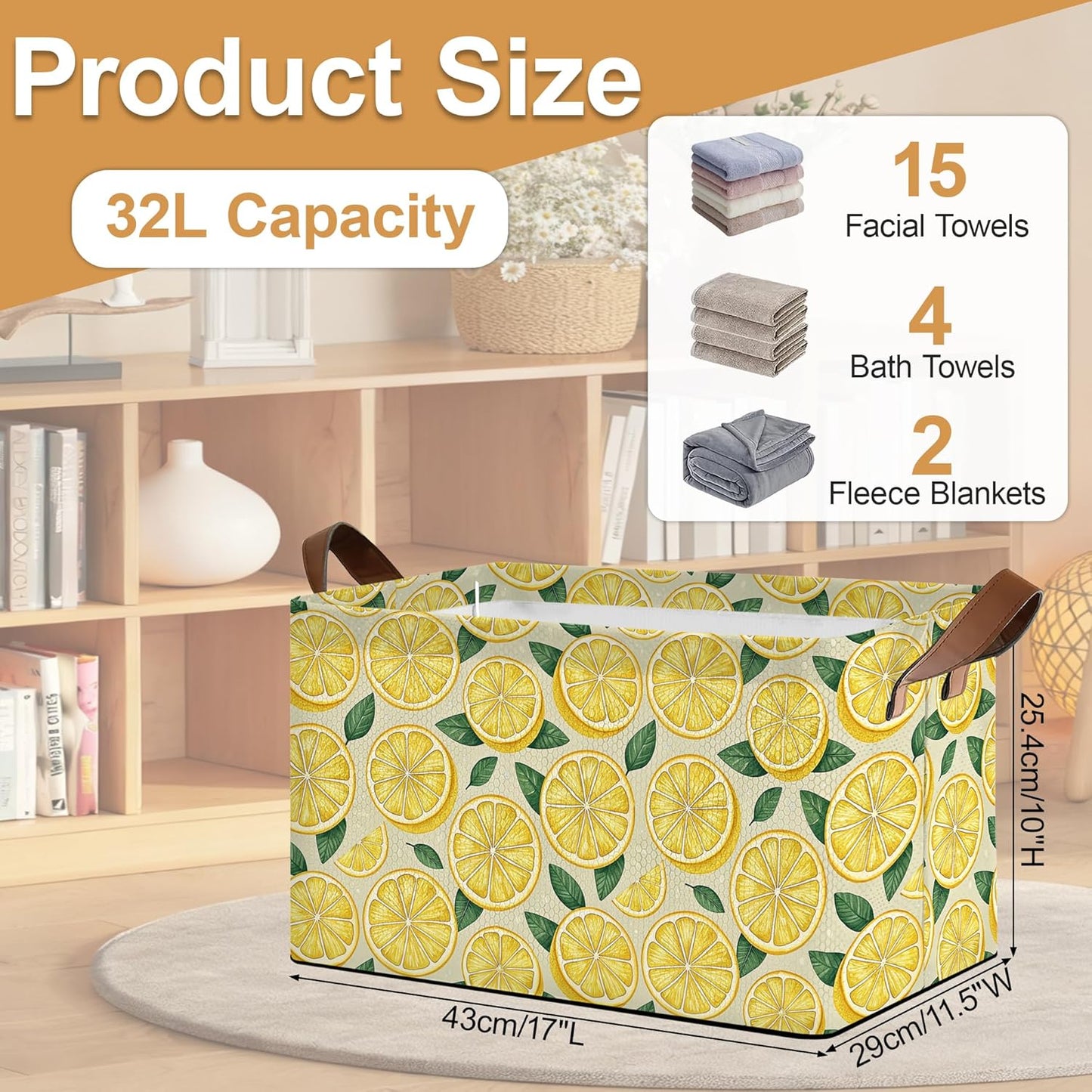Lemon Storage Bin with Handles, Basket Storage Organizer for Shelves, Closet, Nursery, Book, Laundry Hamper & Home Decor