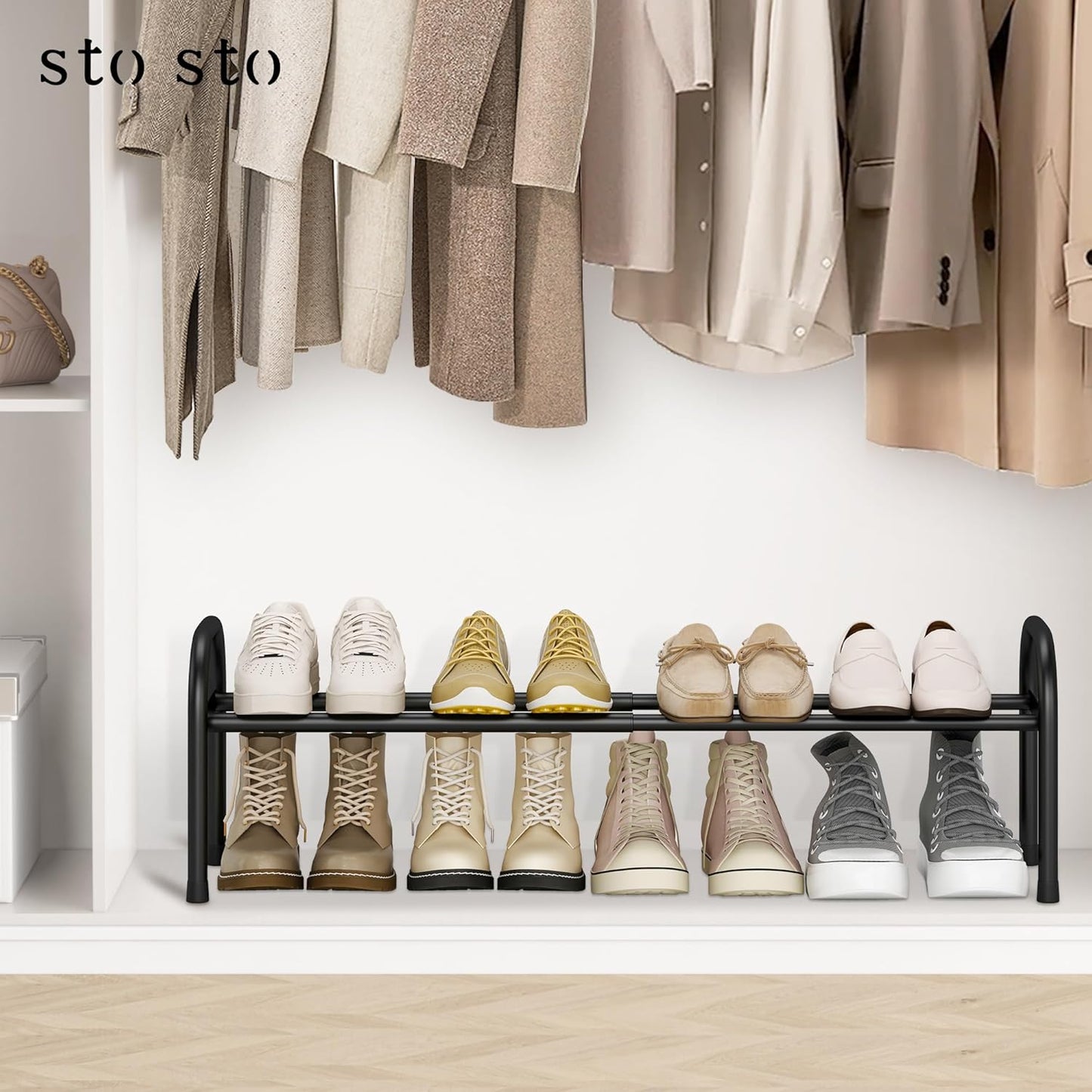 STO STO Expandable Shoe Organizer, 1-Tier Metal Shoe Rack for Closet, Up to 8 Pairs Adjustable Storage for Front Door Entrance, Free Standing Organizer for Entryway, Black