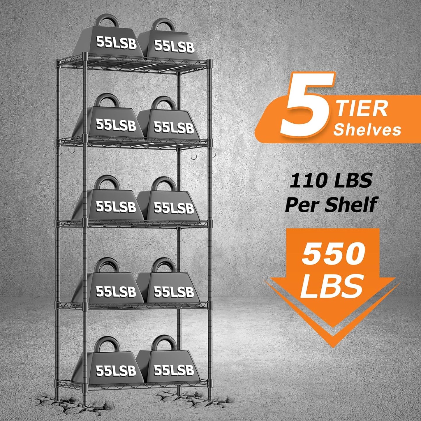 Storage Shelves,21.3" W x 11.8" D x 58.5" H Wire Shelving Unit Loads 550LBS,5-tier Adjustable Metal Utility Shelf,Garage Shelves with Liner and Hooks,Home Storage Rack for Kitchen,Laundry,Pantry