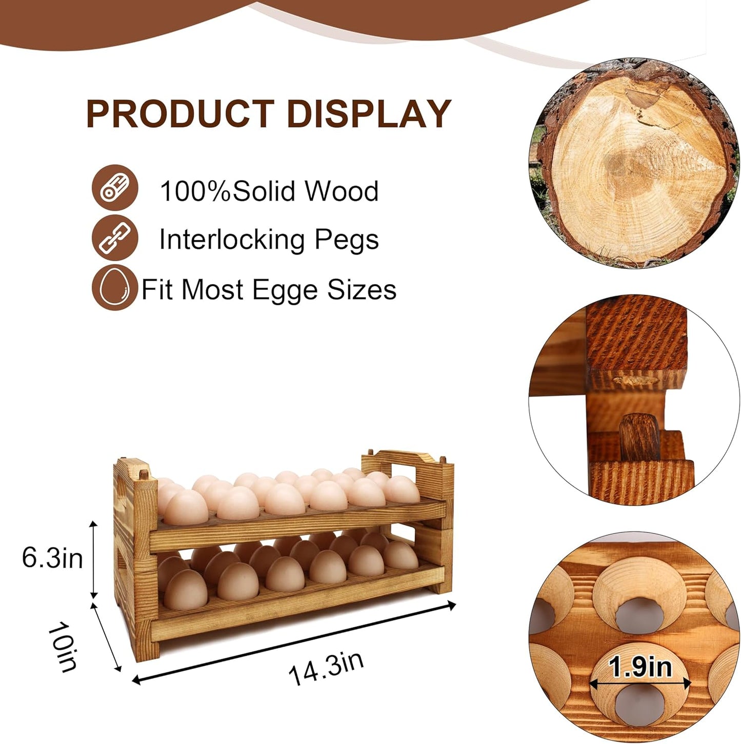 CVHOMEDECO. Wooden Egg Holder Countertop Fresh Egg Holders Firewood Egg Collecting Rack for Gathering Fresh eggs, Stackable with 36 eggs, Home Kitchen Organizer, Set of 2 PCS