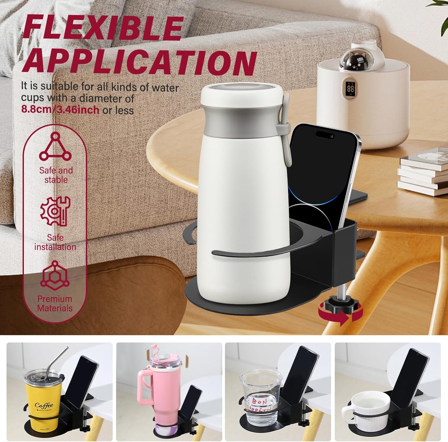 Desk Cup Holder for Coffee Mugs, Tumblers, Water Bottles with Mobile Phone Stand, Anti-Spill Metal School Home Office Accessories (Black-1)