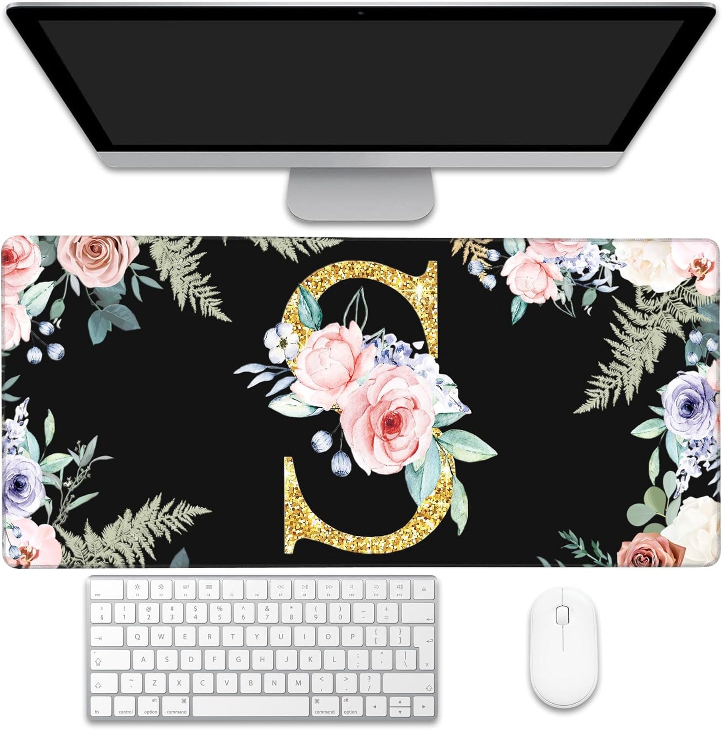 Desk Pad, Flower Golden Letters S Extended Gaming Mouse Pad Large, 35.4"x15.7" Big Mouse Pad with Non-Slip Base and Stitched Edge, Long Computer Keyboard Mouse Mat for Home Office Work