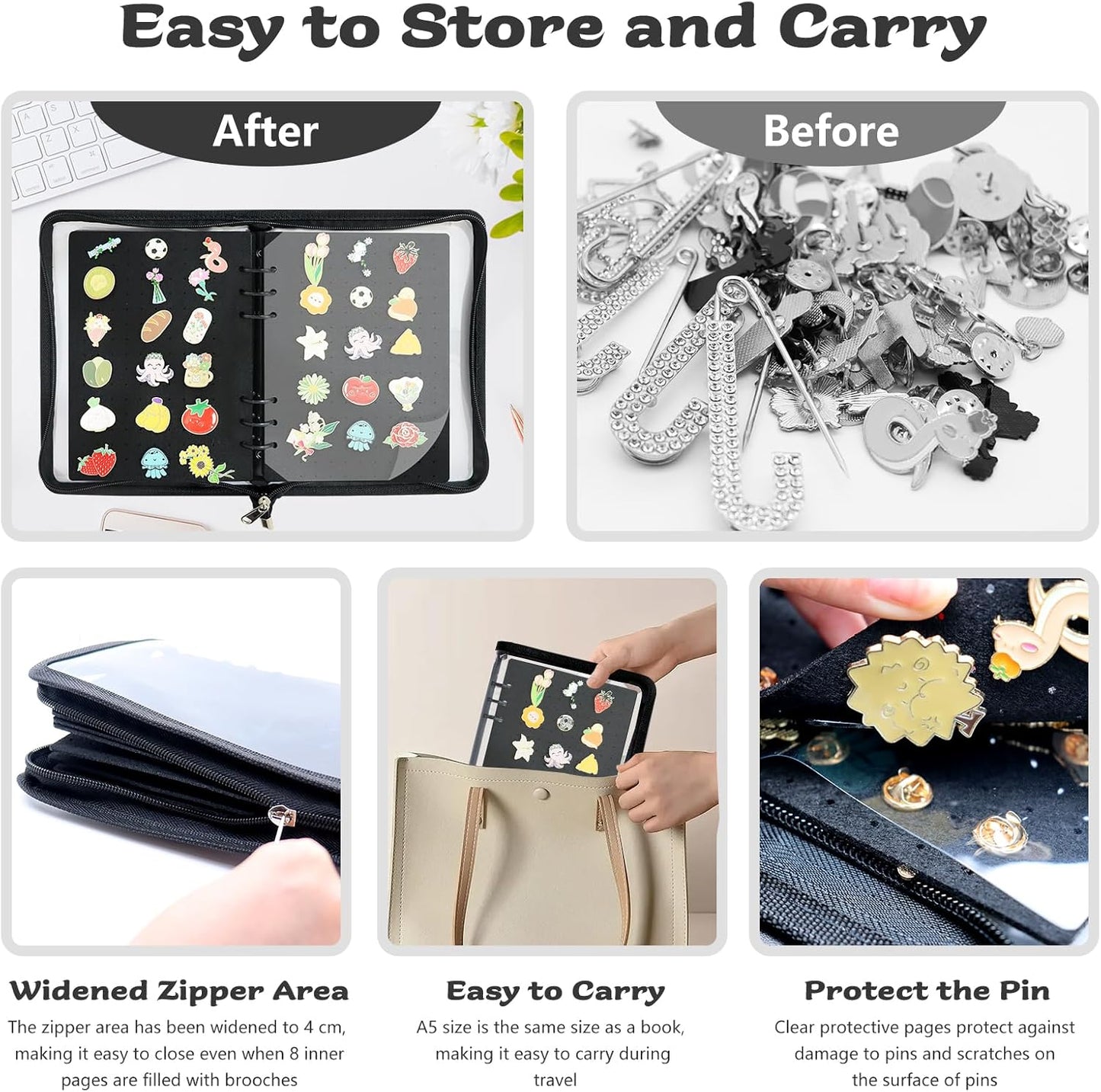 Enamel Pin Display Book Pin Collection Binder Holder Trading Book with 8-Page Display Boards A5 Brooch Pin Storage Organizer Binder Album for Travel Collectors (Black)