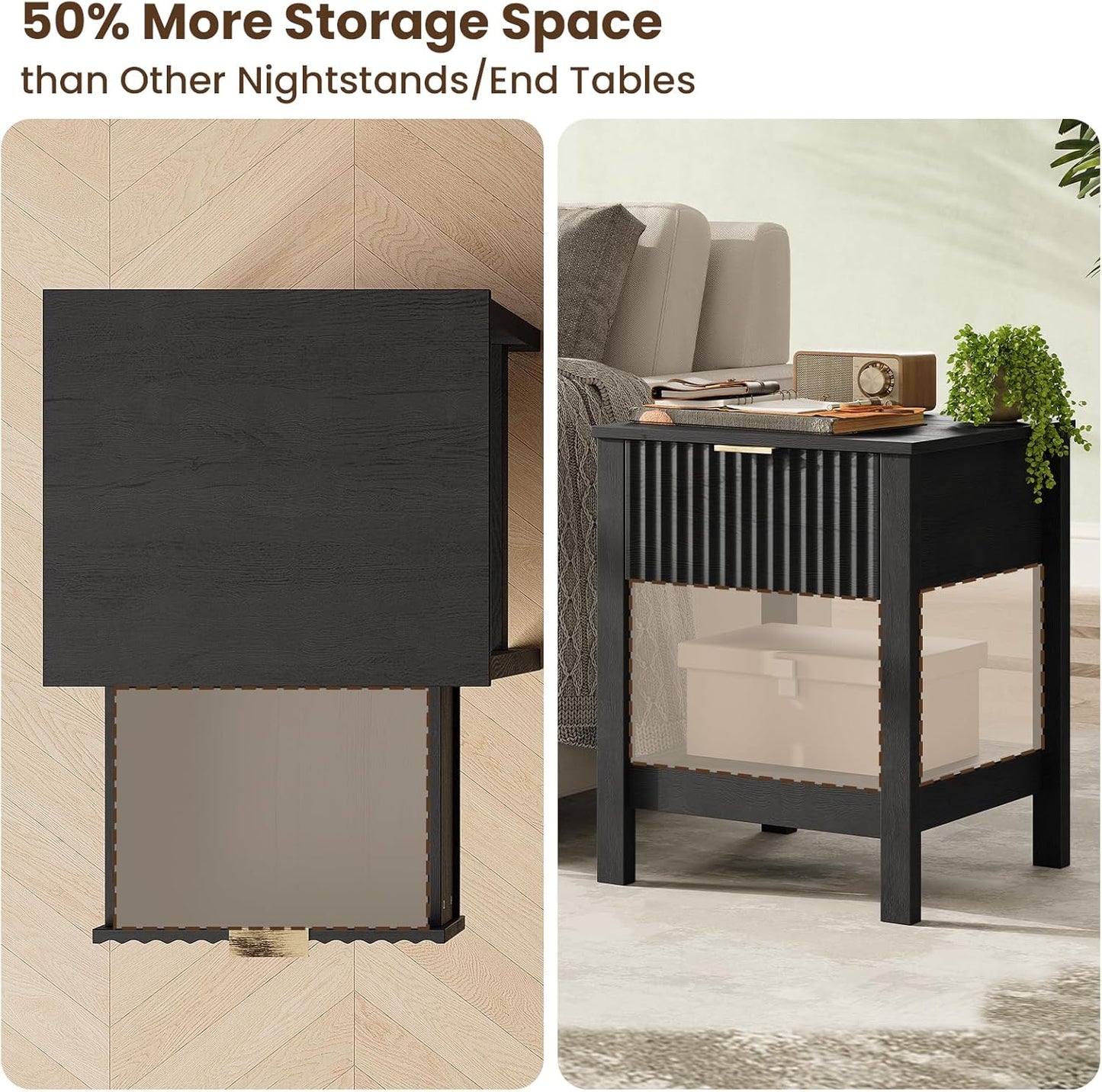 Fluted Night Stand with Golden Handle,Set of 2 Mid-Century Nightstands with Drawer, Bedside Table with Storage Shelf, Side Tables for Room,End Tables for Bedroom,Black Wood Grain