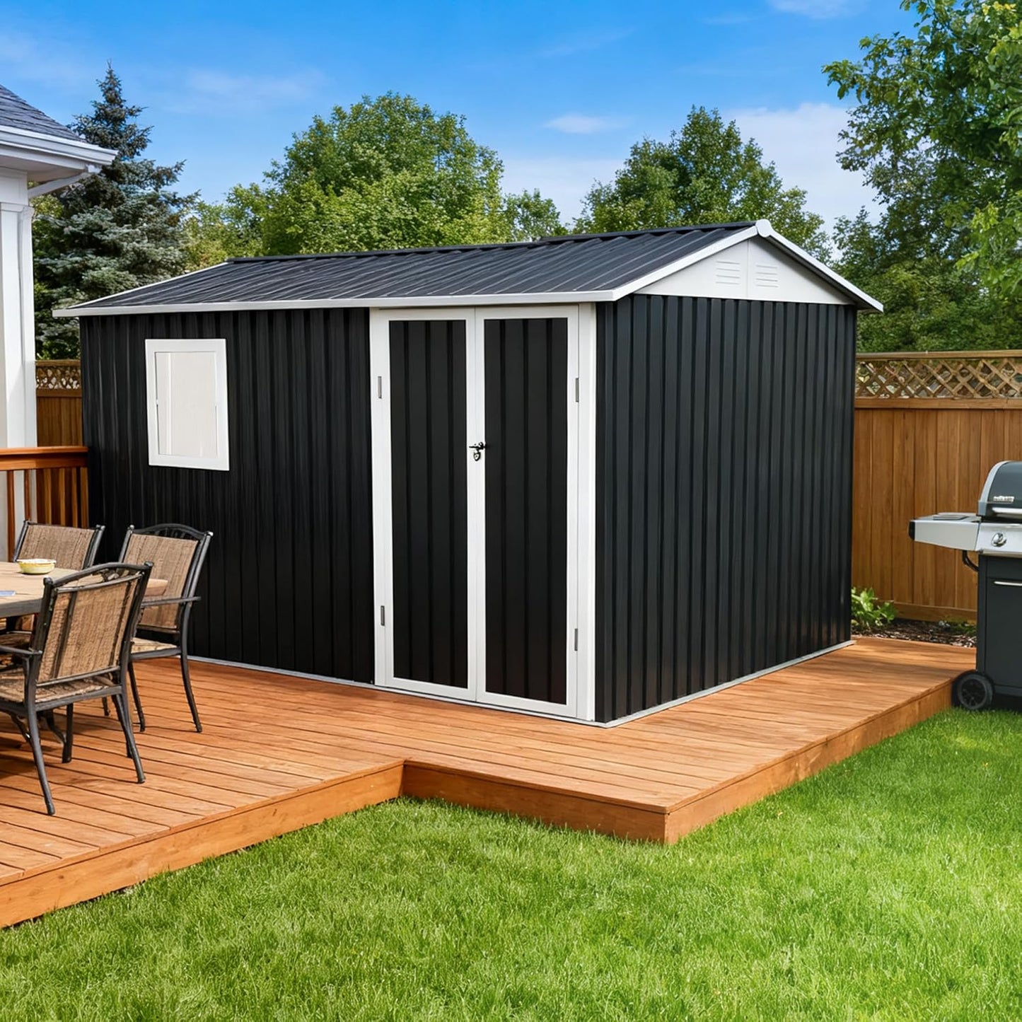 KEIKI 9x6 FT Metal Storage Shed with Window, Large Outdoor Backyard Shed for Tools & Equipment, Durable Galvanized Steel Garden Shed for Patio or Tiny House Use, Gray