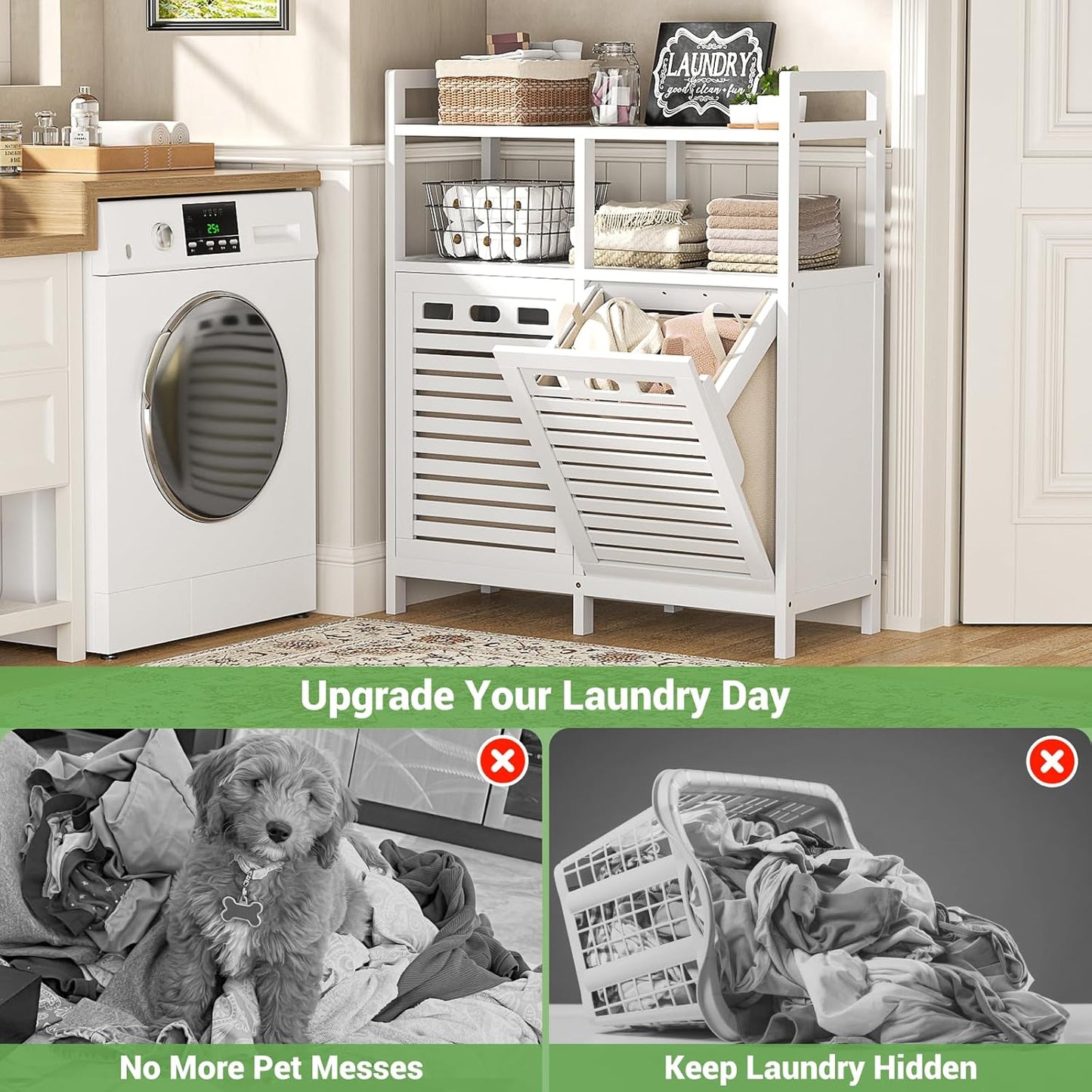 Homykic Tilt Out Laundry Hamper Cabinet, Bamboo Double Laundry Hamper with 2 Removable Laundry Baskets, 20 Gal Laundry Sorter Organizer with Shelf for Dirty Clothes, Bathroom, Laundry Room, White