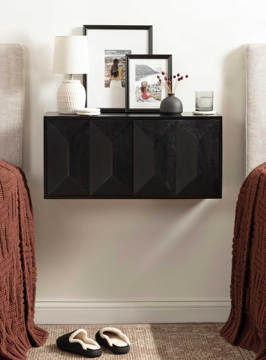 Kate and Laurel Ranier Modern Wooden Two-Door Wall Cabinet, 30 x 10 x 14, Black, Decorative Storage Cabinet with Dimensional Face for Use as Floating Nightstand or Floating TV Shelf